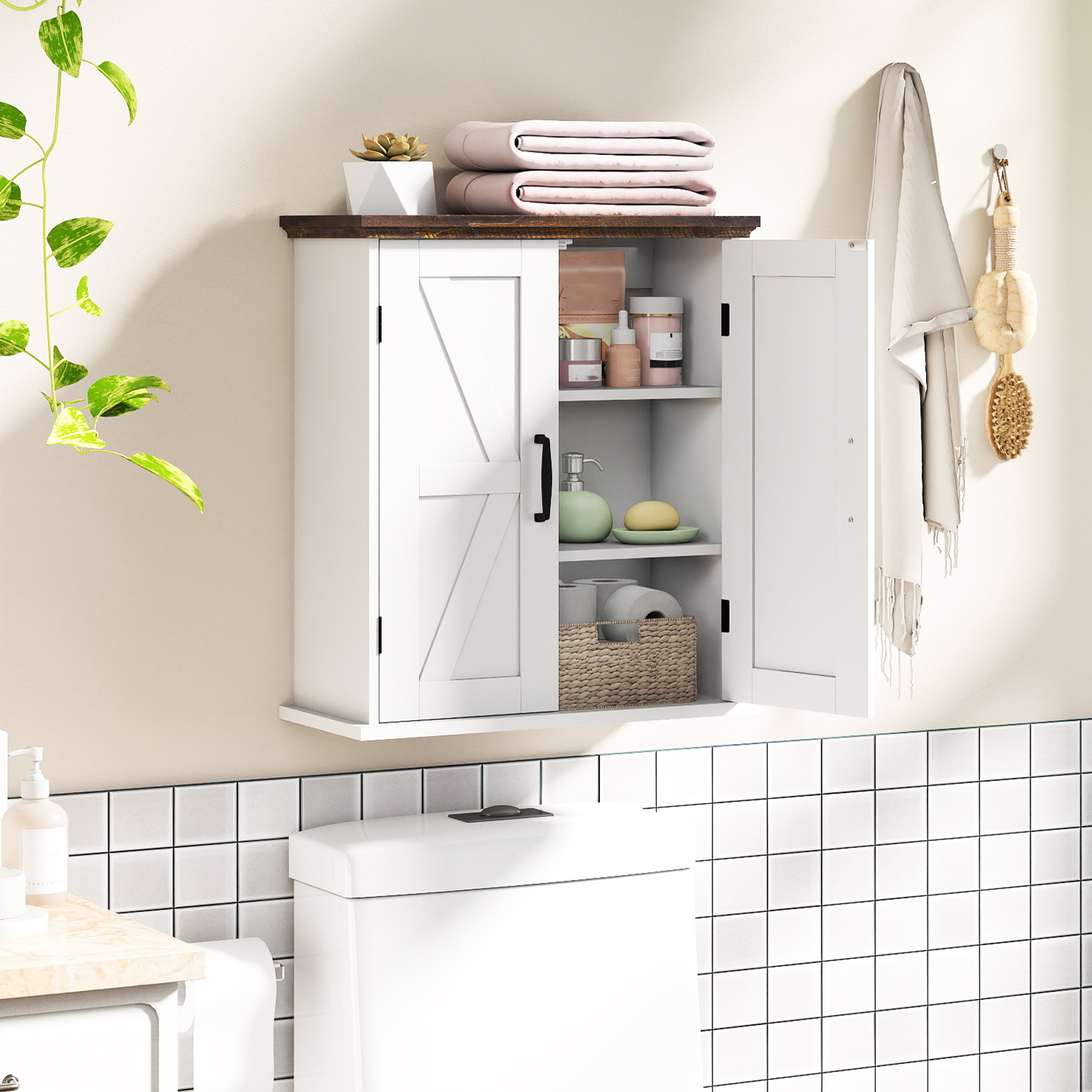 Badezimmer Wandschrank mit 2 Türen & Verstellbaren Regalen Bauernhaus Hängeschrank Weiß