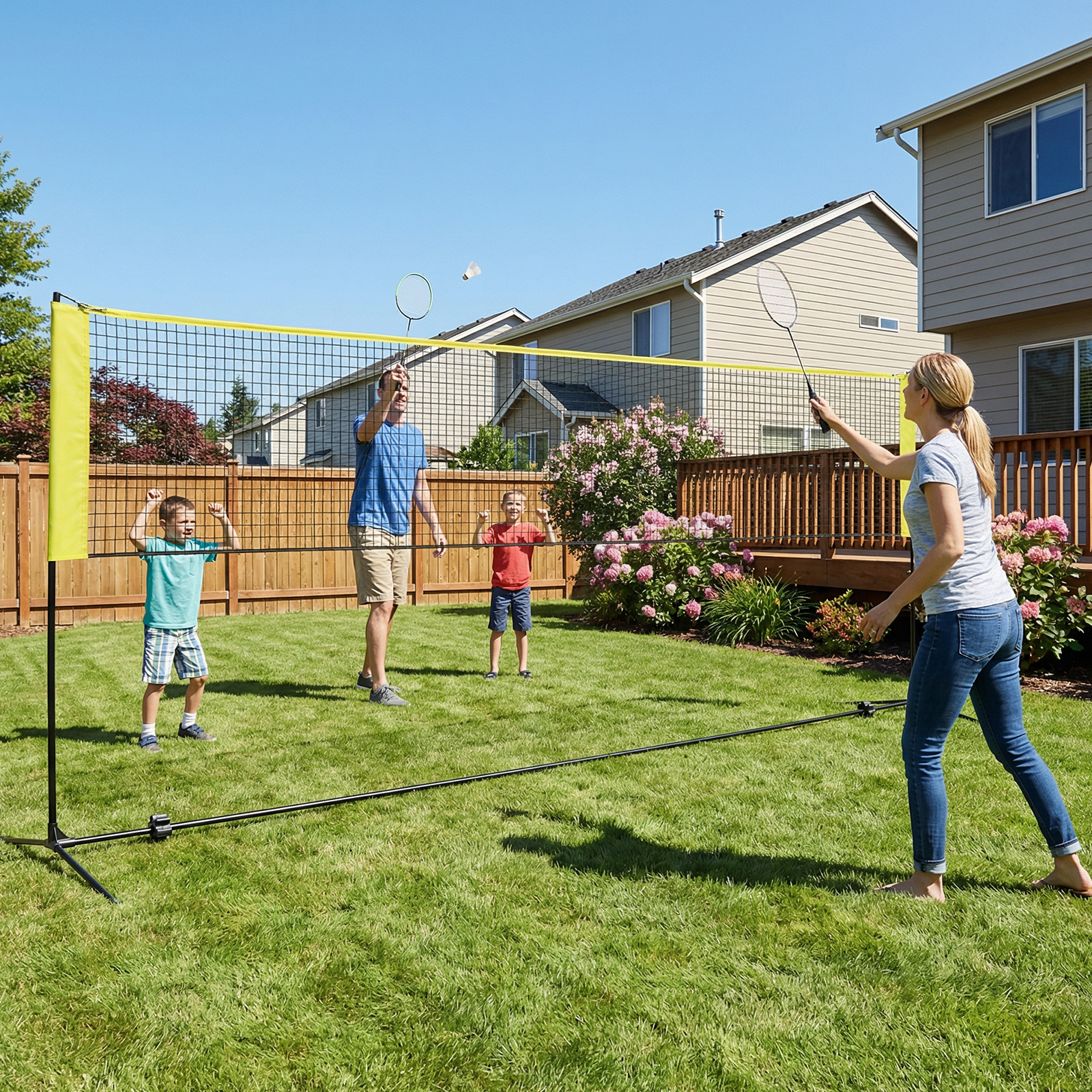 Badmintonnetz mit Ständer Federballnetz höhenverstellbar mit 2 Federbällen & Tragetasche 420 x 102 x 89–155 cm Gelb
