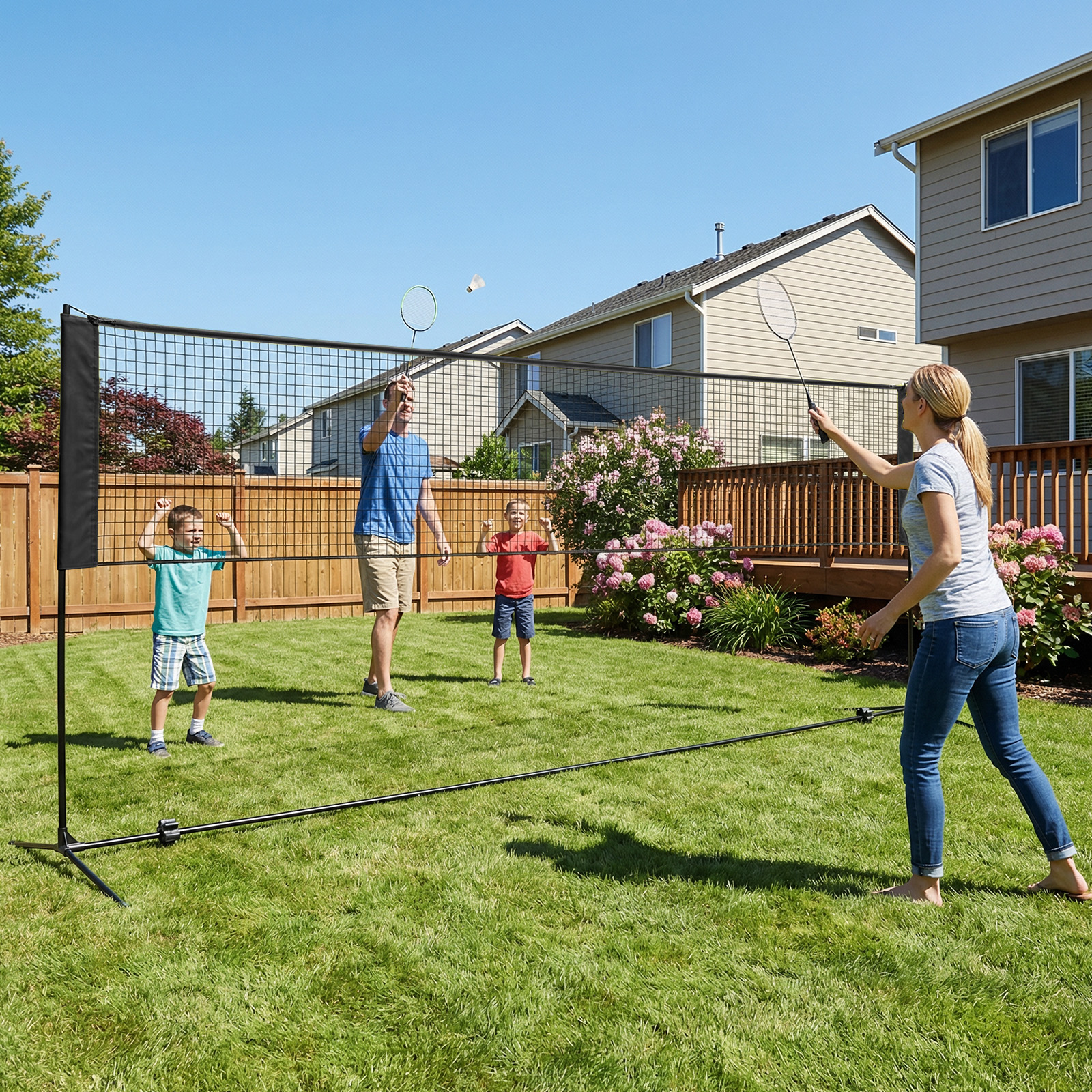 Badmintonnetz mit Ständer Federballnetz höhenverstellbar mit 2 Federbällen & Tragetasche 420 x 102 x 89–155 cm Schwarz