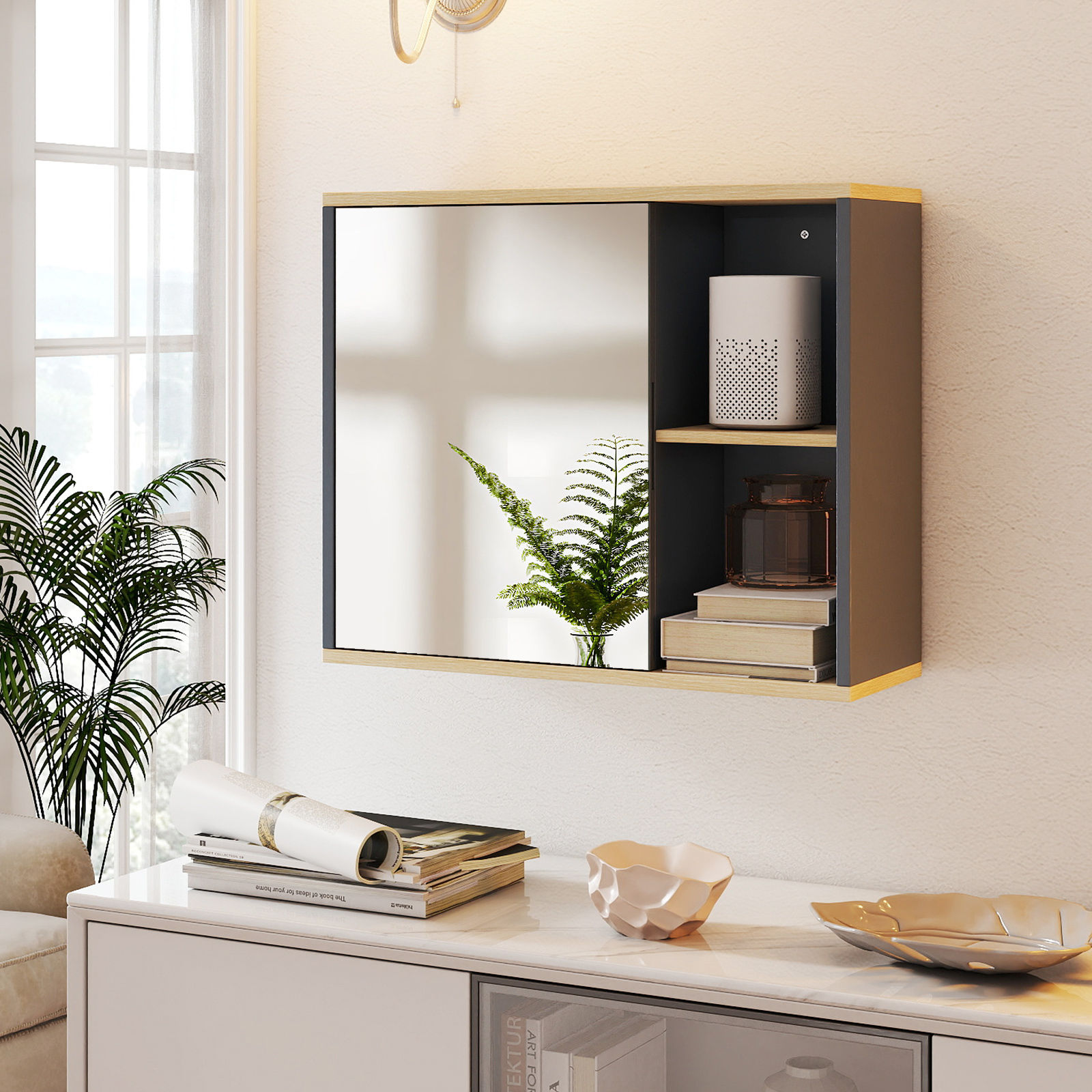 Badschrank mit Spiegel & Verstellbarem Regal & Seitenfächer Wandmontierter Badezimmerschrank