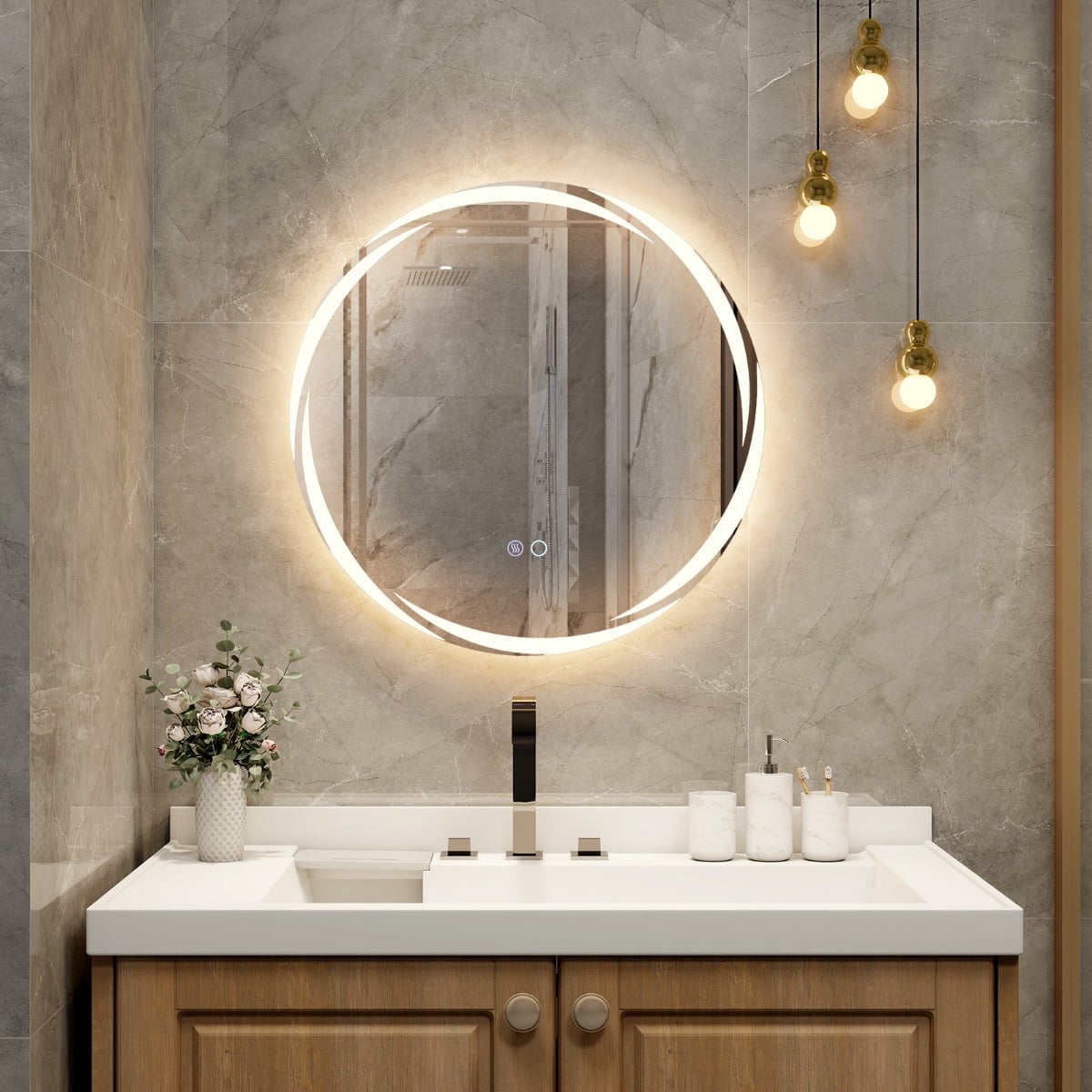 LED Badspiegel mit Beleuchtung 60cm runder Badezimmerspiegel Anti-Beschlag Oval