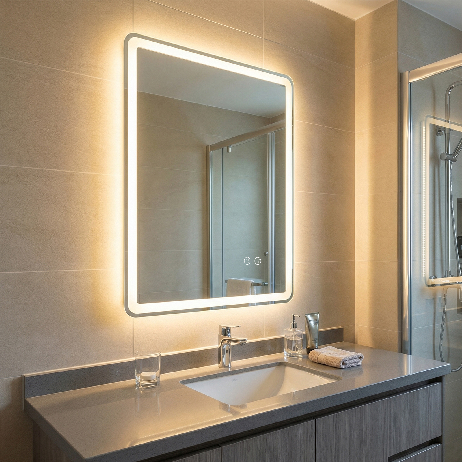 Badspiegel mit LED Beleuchtung & Anti-Beschlag Wandspiegel aus Gehärtetes Glas 80 x 60 x 3 cm