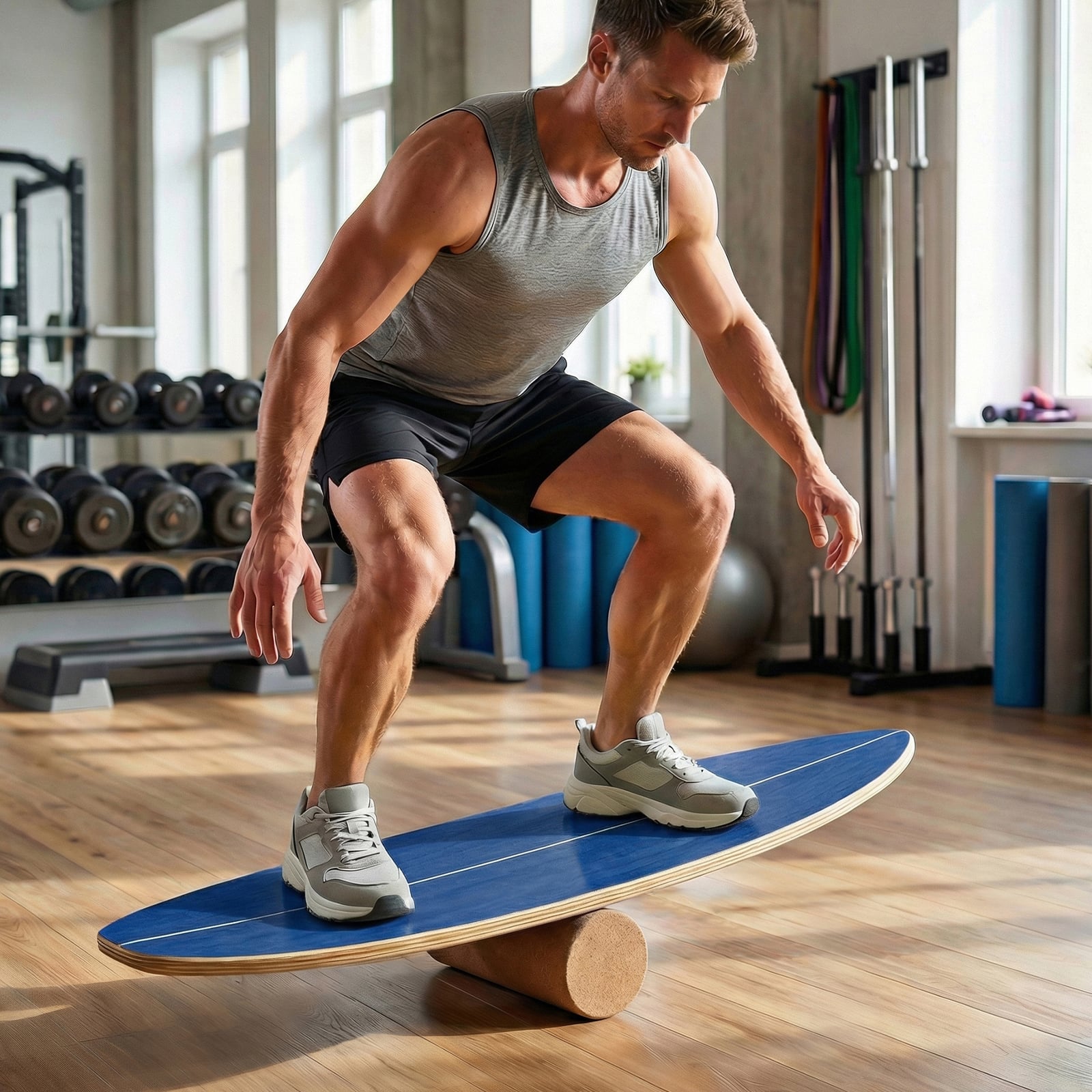 Balance Board für Erwachsene Holz Gleichgewichtstrainer mit Korkrolle Blau