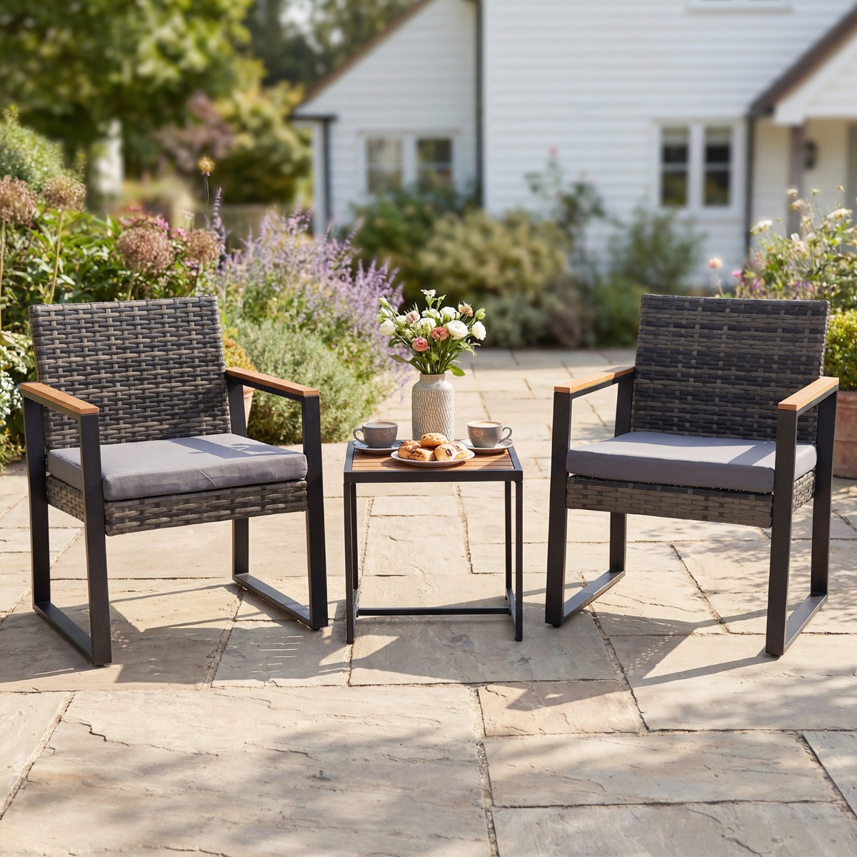 Balkonmöbel Set mit 2 Stühle & Beistelltisch & Weicher Kissen Sitzgruppe Lounge Set Grau