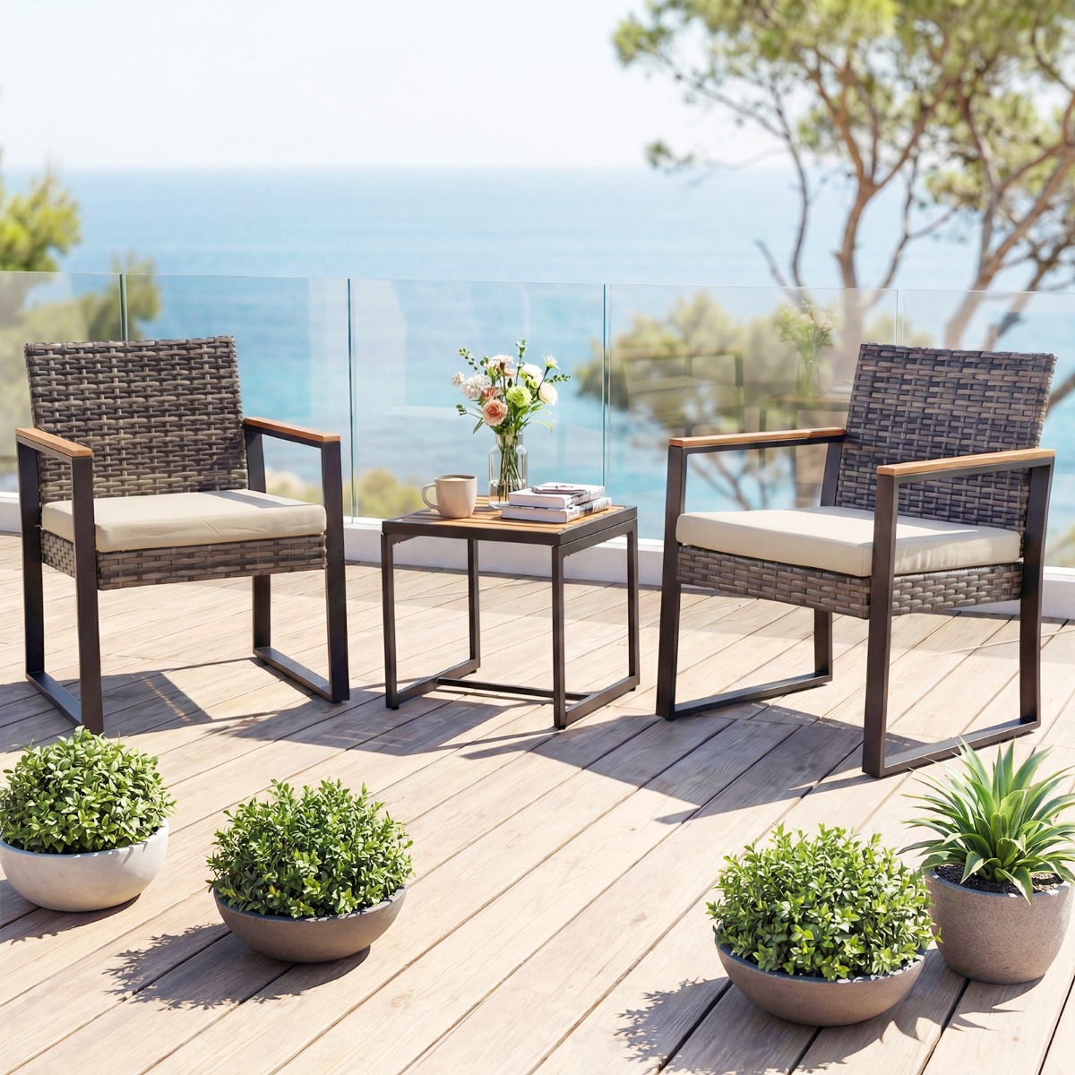 Balkonmöbel Set mit 2 Stühle & Beistelltisch & Weicher Kissen Sitzgruppe Lounge Set Beige