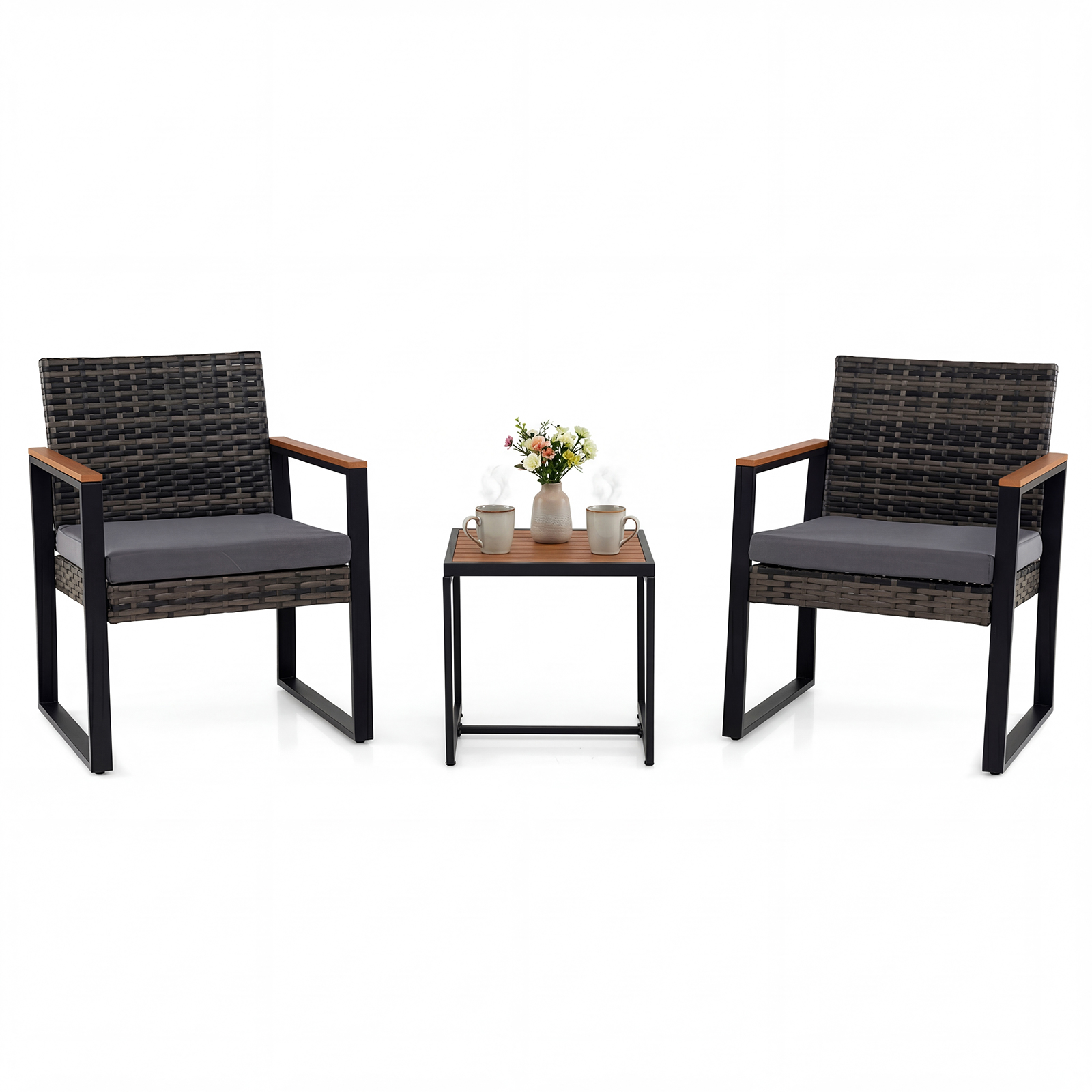 Balkonmöbel Set mit 2 Stühle & Beistelltisch & Weicher Kissen Sitzgruppe Lounge Set Grau