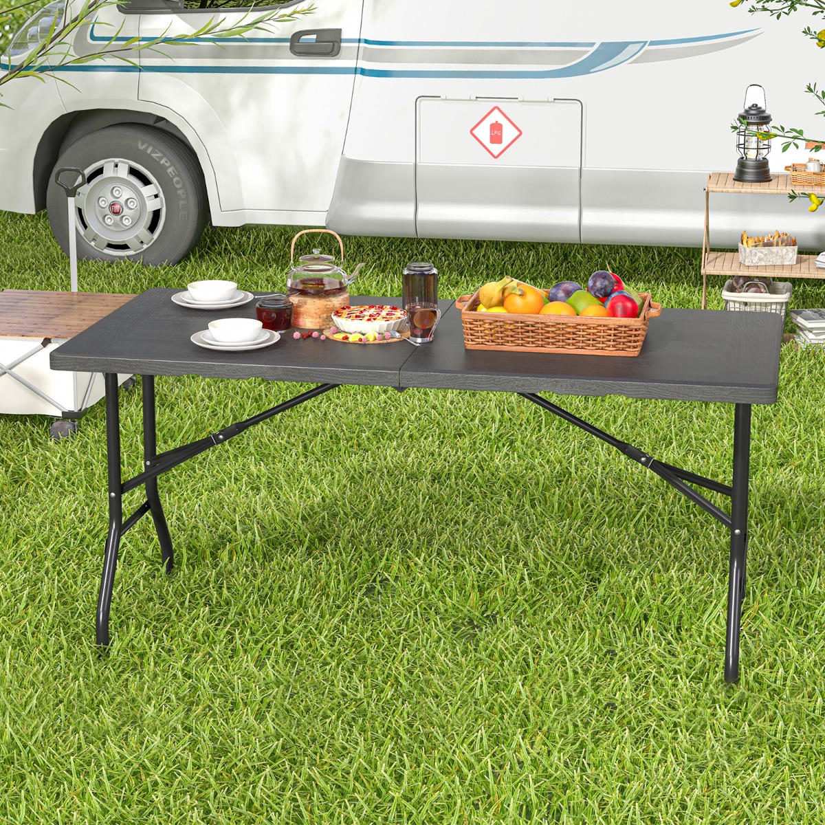 Klappbarer Campingtisch mit HDPE-Tischplatte & Tragegriff Gartentisch Klapptisch 152 x 70 cm
