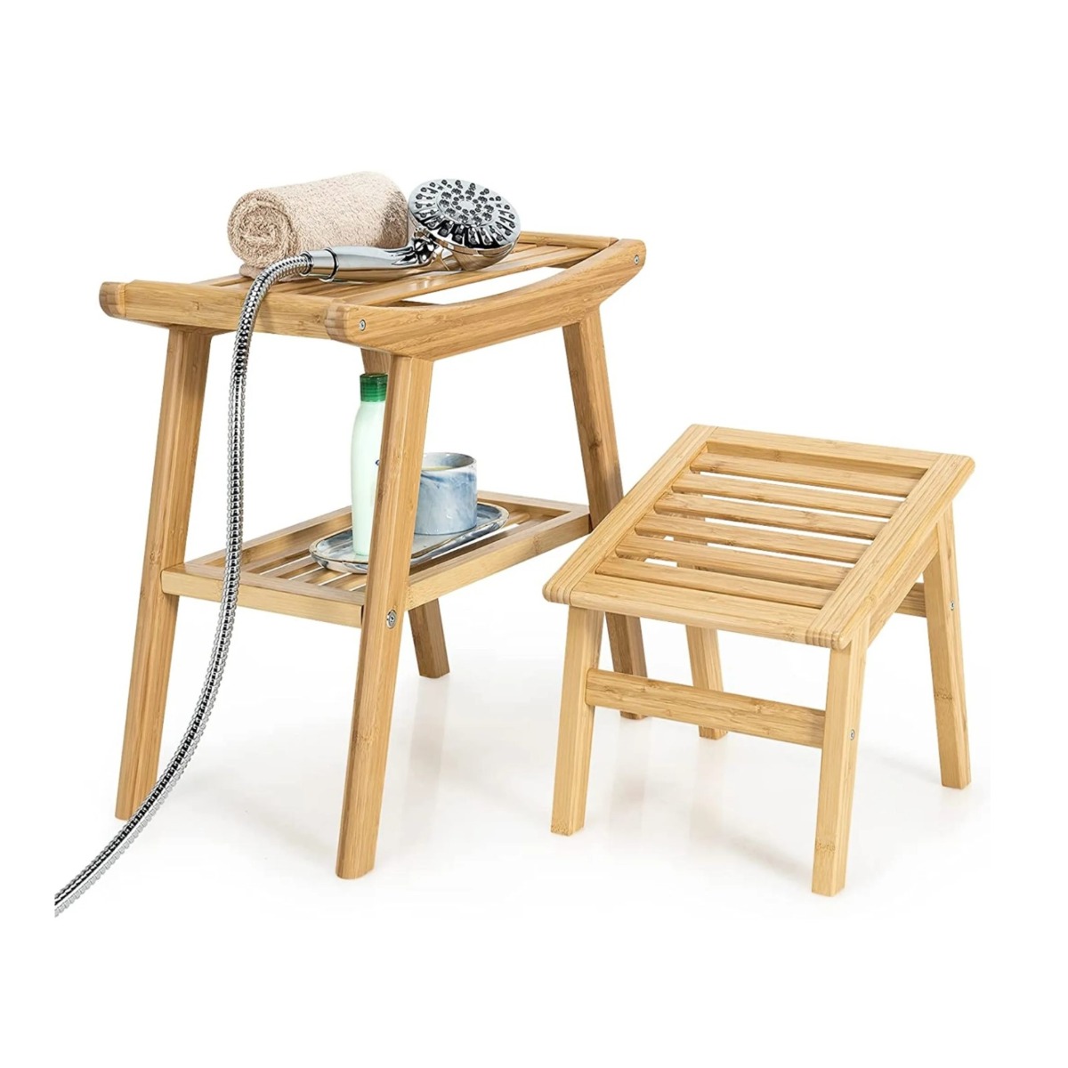 Bambus-Duschbank und Fußhocker Badezimmer-Sitzhocker für Dusche Natur