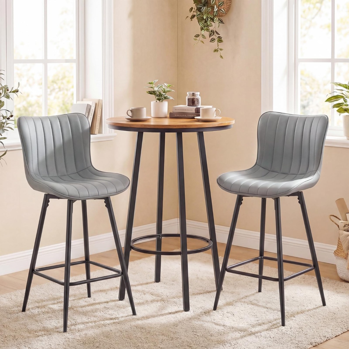 Barhocker 2er Set hoher Küchenhocker mit ergonomischer Rückenlehne gepolsterter Sitz Grau