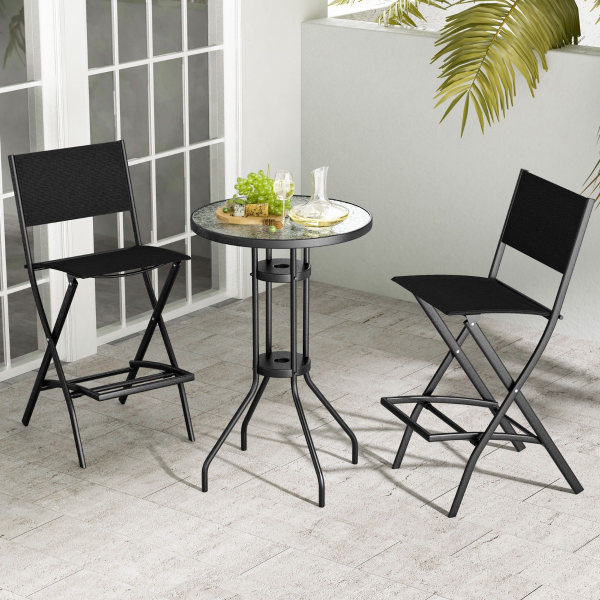 2er Set Outdoor Barhocker klappbare Barstühle mit Rückenlehne und Fußstütze Schwarz