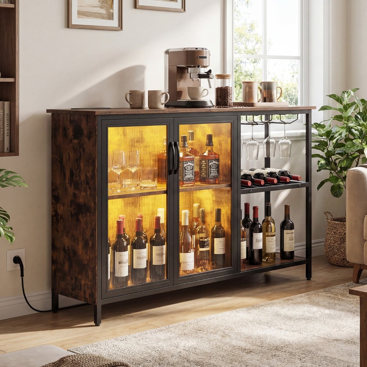 Weinschrank mit LED-Beleuchtung & Weinregalen & Glashalter & Glastür & Steckdosen Barschrank