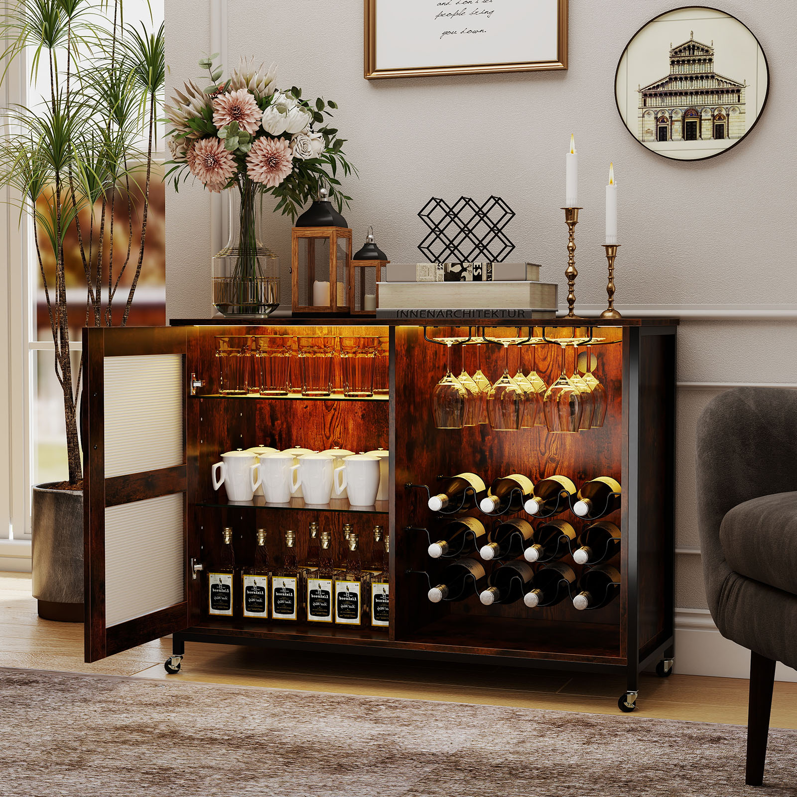 Barschrank mit LED-Beleuchtung & Fernbedienung Weinschrank mit verstellbaren Regalen Rustikal Braun