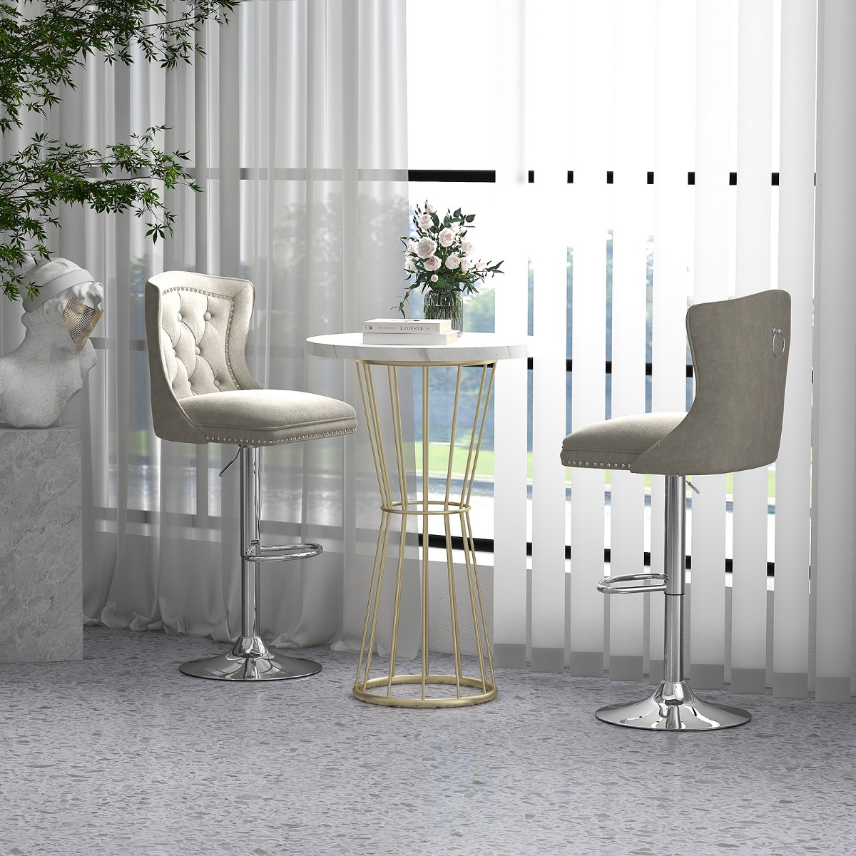 2er Set Barhocker Barstühle 67-87cm höhenverstellbar aus Samt Grau