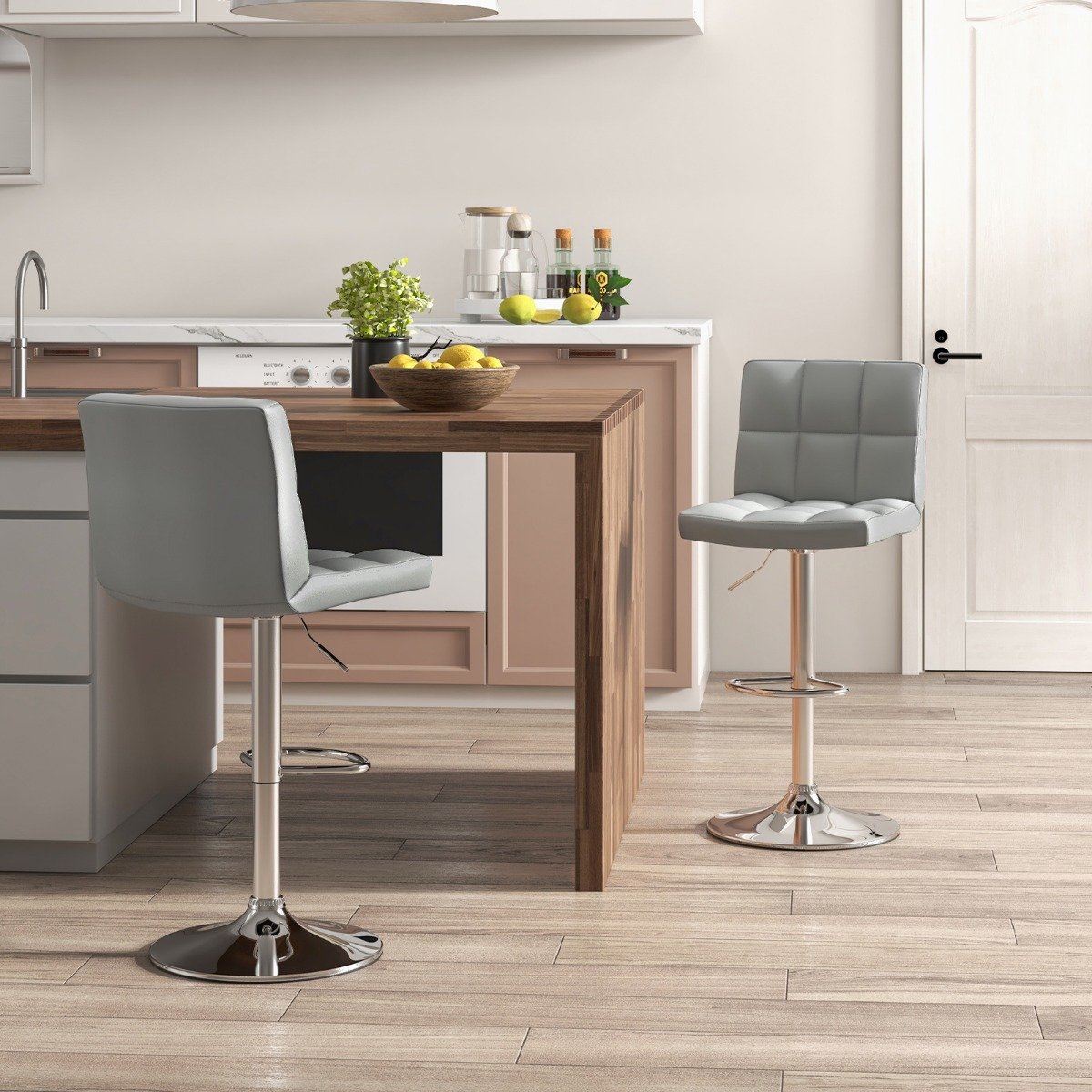 2er Set 360° Drehbarer Barhocker aus Kunstleder Höhenverstellbarer Barstuhl Sitzhocker Grau