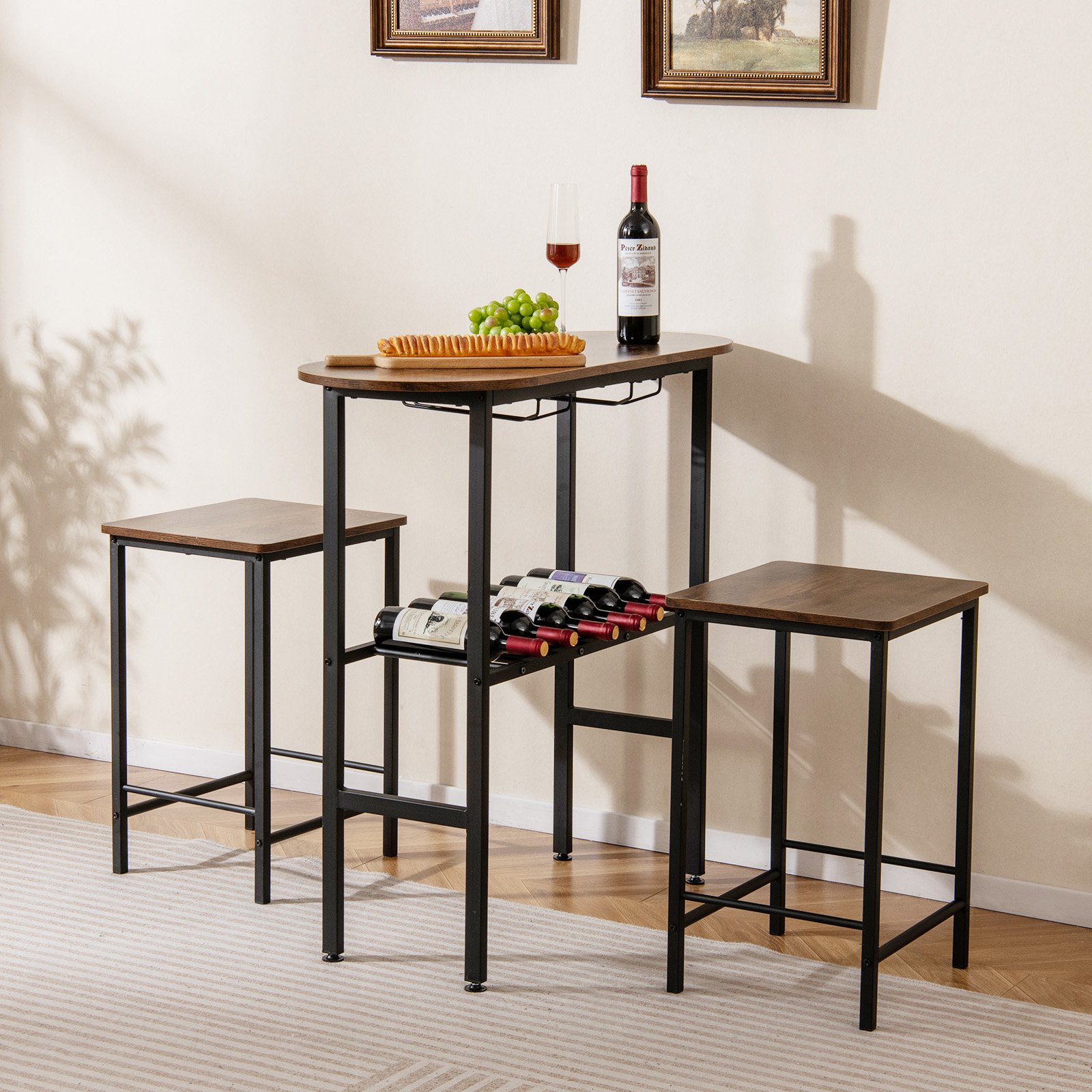 Bartisch mit Barhocker Set 2 Personen Bartisch Set mit Halterungen für Weingläser und Flaschen Vintage
