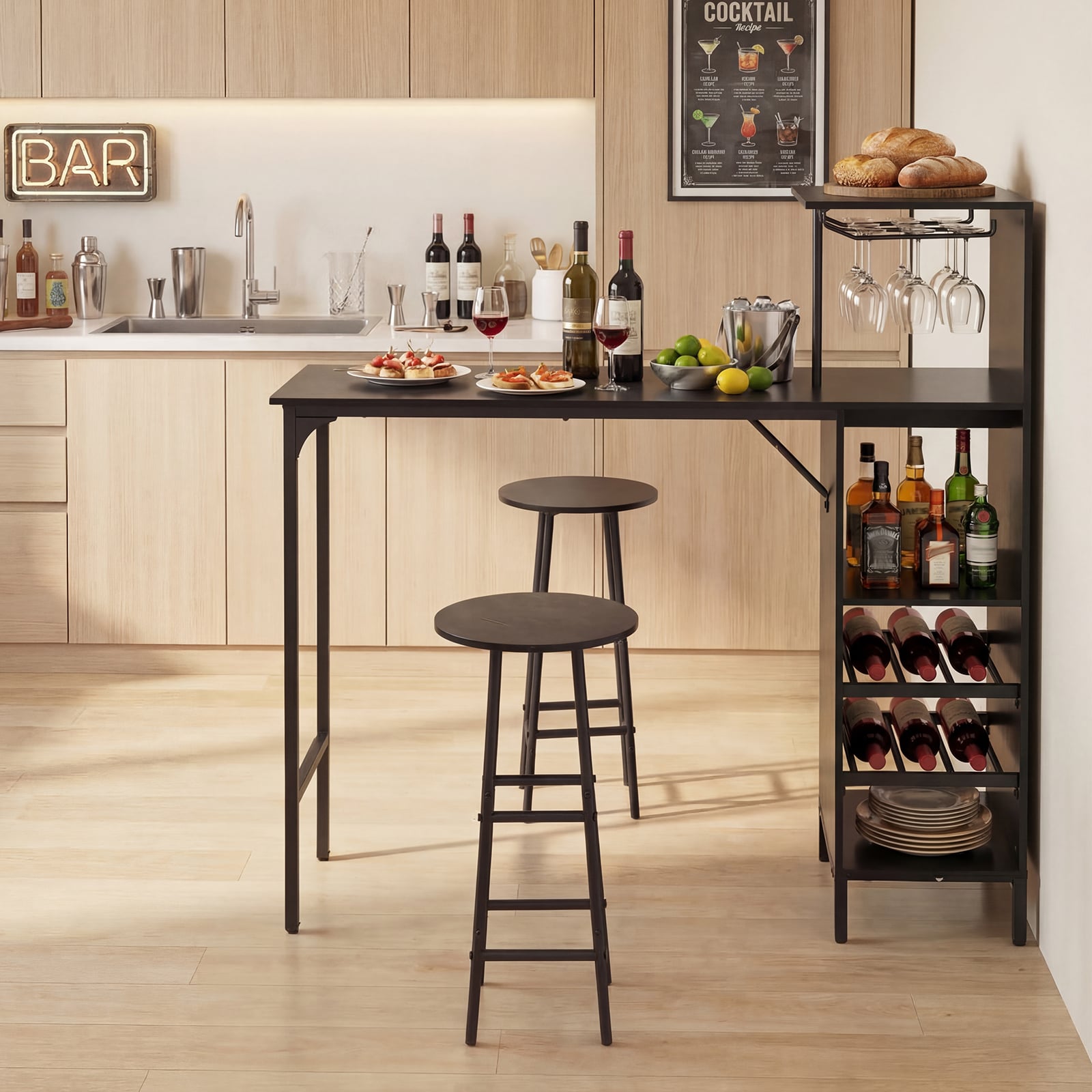 Bartisch mit Barhocker Set 2 Personen Bartisch Set mit Seitenreghal Wein Halterungen Schwarz