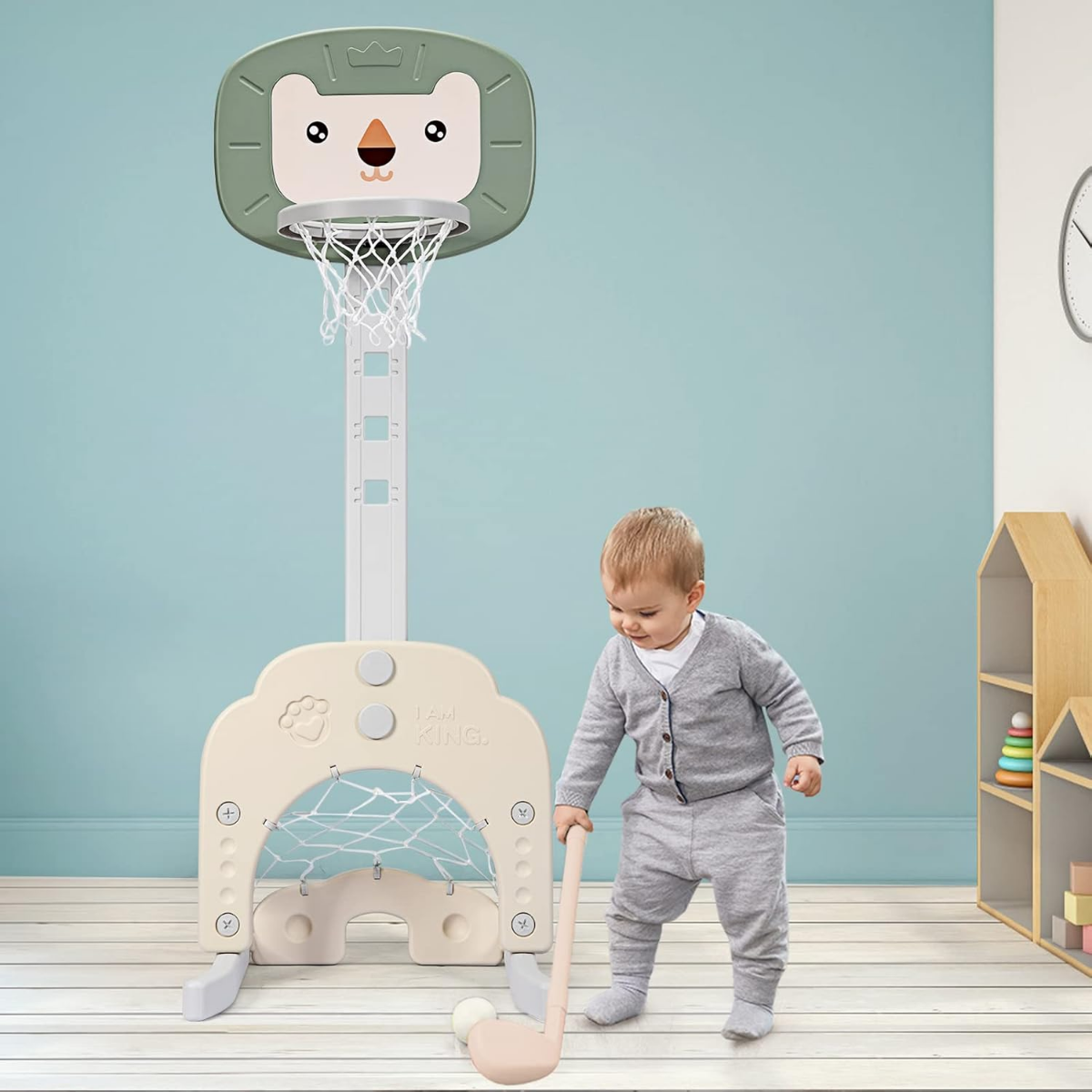 3-in-1 Basketballkorb-Set Kleinkind Basketballkorb mit einstellbarer Höhe Basketball Fußball Golf Set Grün + Weiß