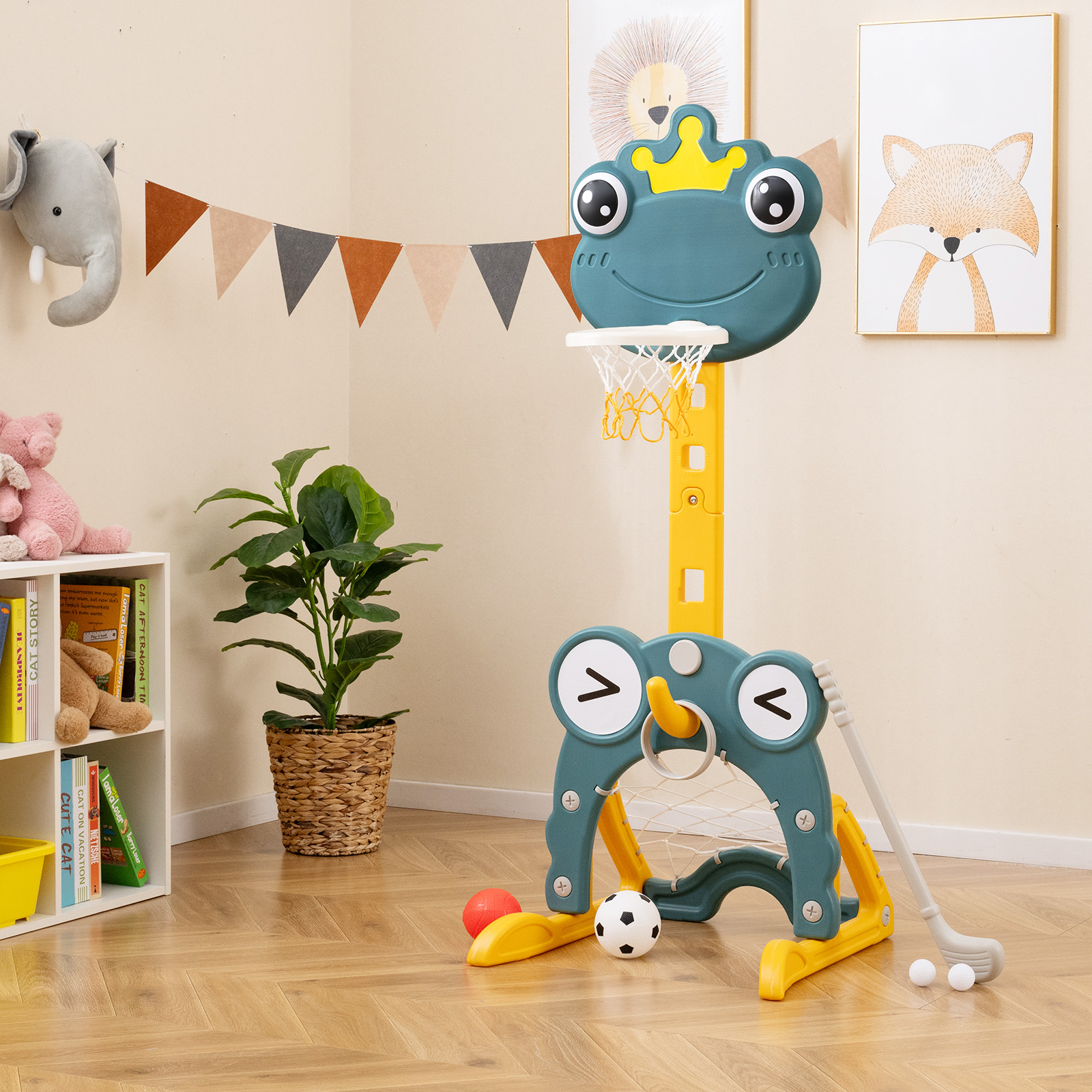 Basketballkorb 4-in-1 Aktivitätscenter mit Korb Fußballtor Ringwurf & Golf höhenverstellbares Basketballständer Grün