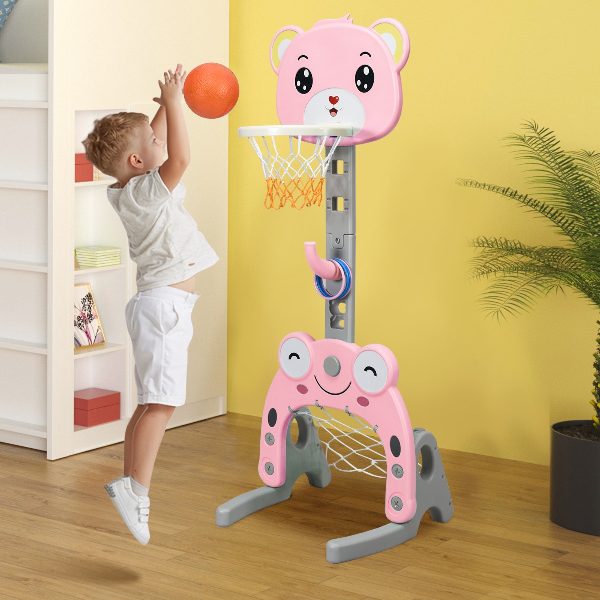 3 in 1 Basketballkorb Set Höhenverstellbar Basketballständer & Fußballtor & Ringwerfenspiel Rosa