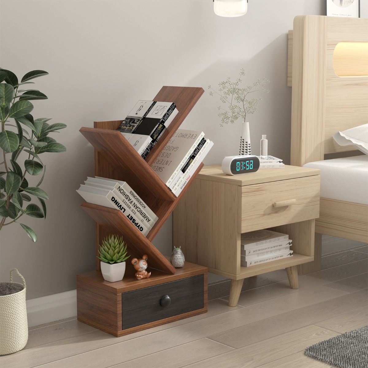  5-stufiges Baum-Bücherregal mit Schublade Mehrzweckregal CD- & DVD-Regal Braun