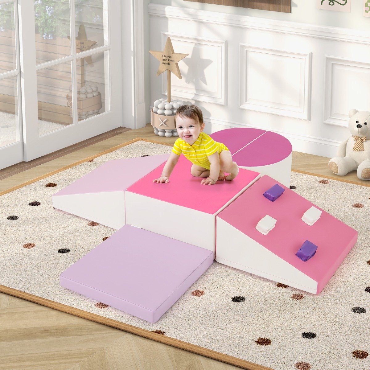 6 TLG. Kinder Schamstoff Bausteine mit Kletterfelsen zum Klettern & Krabbeln Softbausteine Rosa