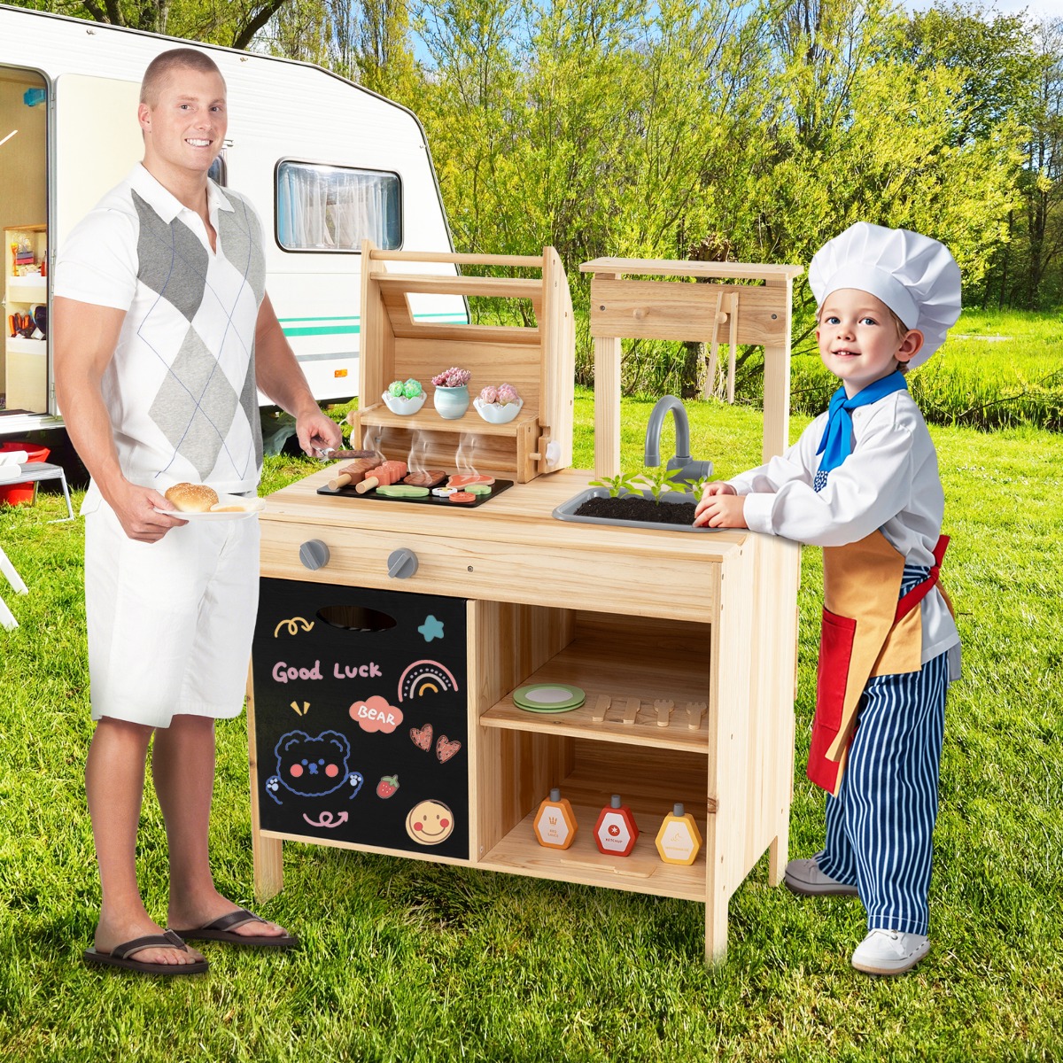 Hölzernes Grill-Spielset mit Spiel-Lebensmitteln & Grillwerkzeug & Zubehör Küchen Set