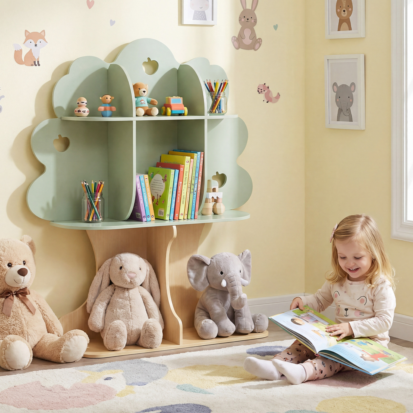Bücherregal Kinder Kinderregal mit 8 Offenen Fächern Spielzeugregal in Baumform mit Apfelmotiv