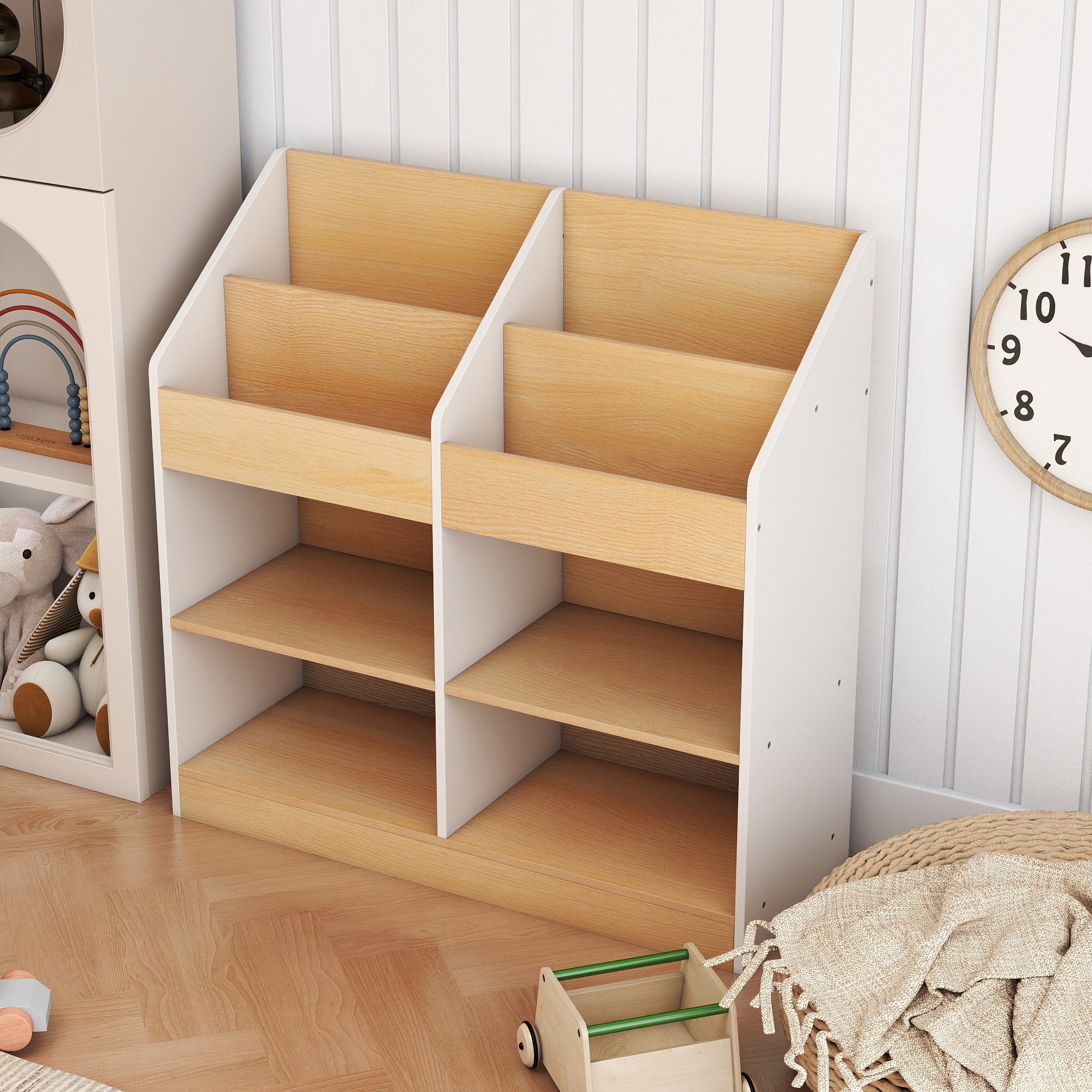 Bücherregal Kinder Kleinkind-Spielzeugregal mit 4 aufrechten Würfeln & 4 Aufbewahrungsfächern Weiß