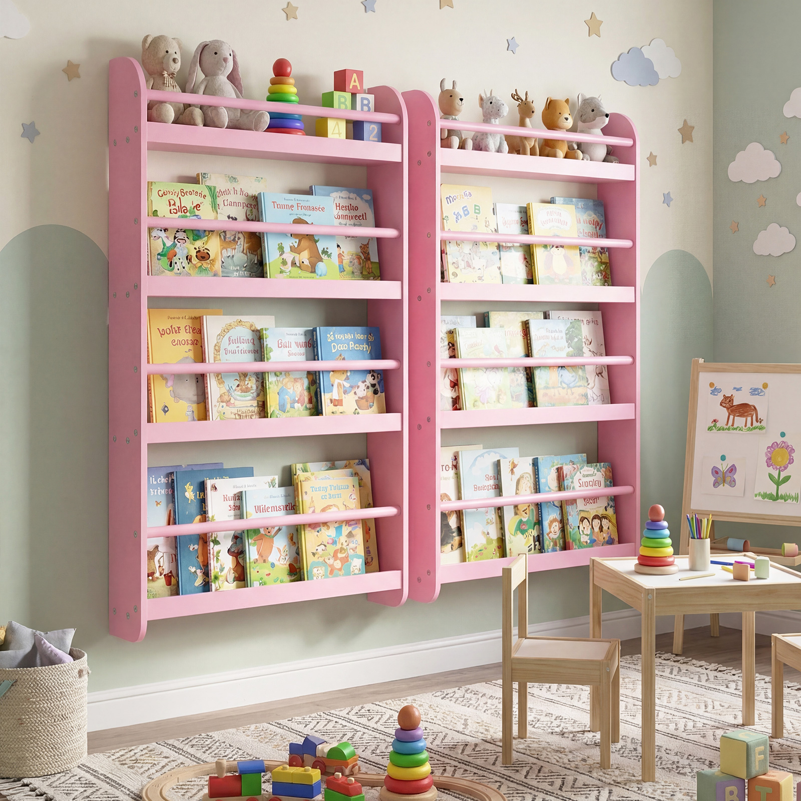 Bücherregal Kinder Wandregal mit 4 Ablagen Platzsparendes Hängeregal für Bücher und Spielzeug Rosa