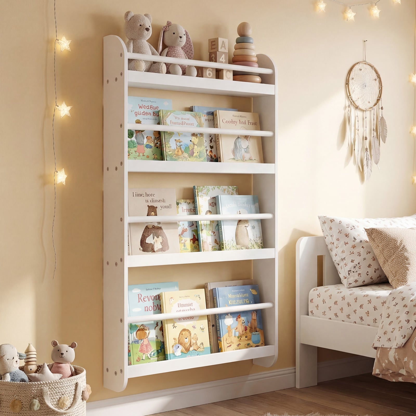 Bücherregal Kinder Wandregal mit 4 Ablagen Platzsparendes Hängeregal für Bücher und Spielzeug Weiß