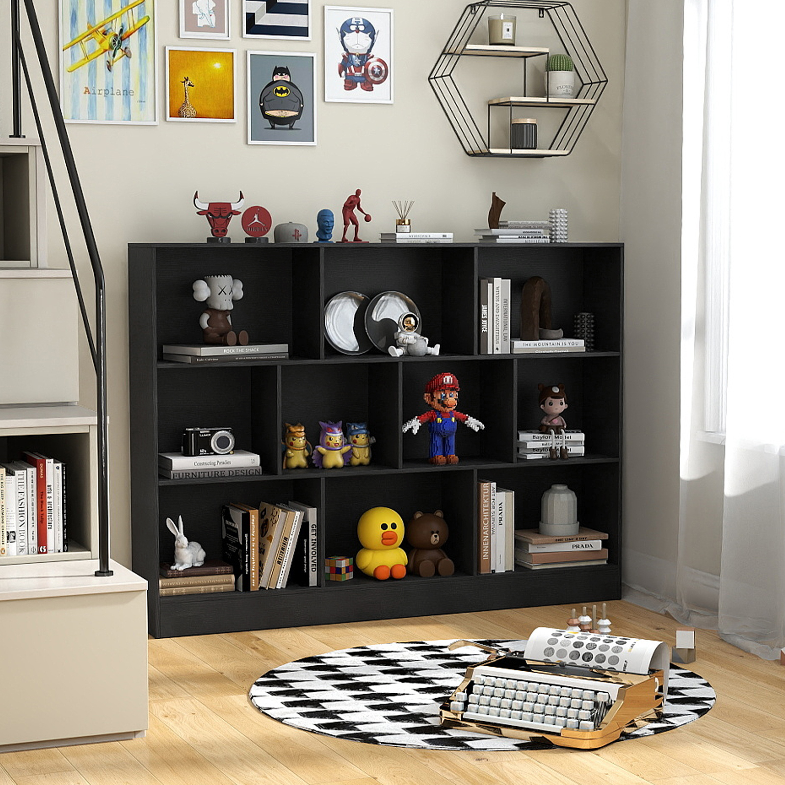 Bücherregal mit 10 Fächern freistehendes Aufbewahrungsregal mit 3 Ebenen und 2 Kippschutz-Sets Schwarz