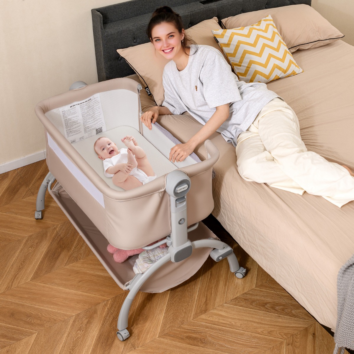 Baby Beistellbett Babybett mit 7-facher Höhenverstellung feststellbaren Rollen Beige