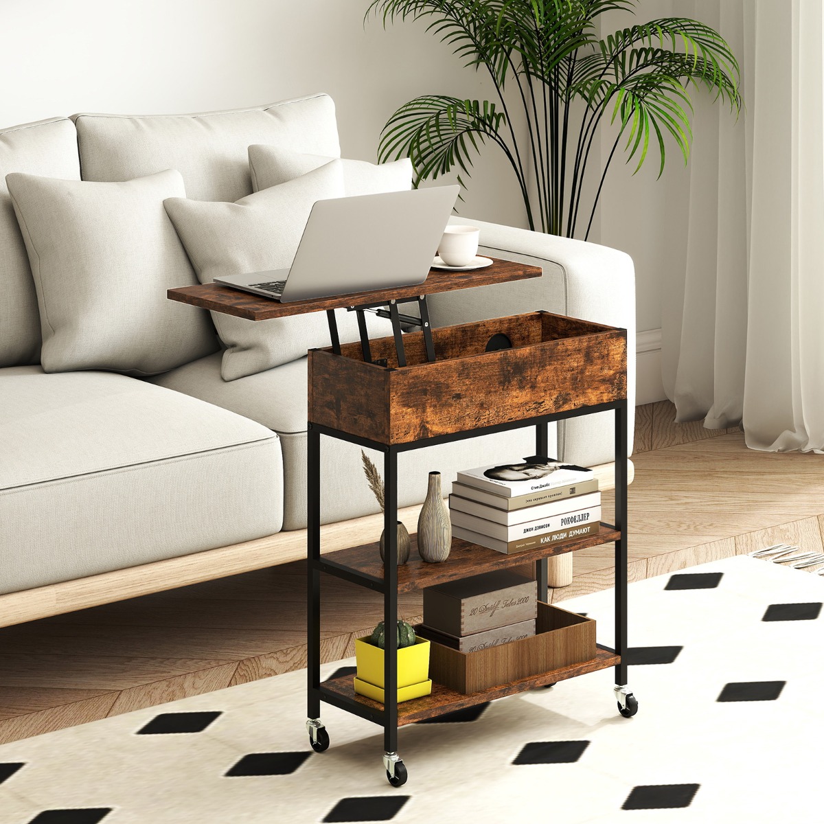 Beistelltisch mit Hebeplatte & Ladestation & Verstecktem Stauraum & Regalen Rollbarer Couchtisch