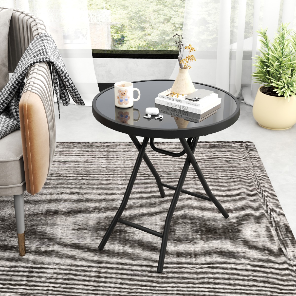 Runder Patio-Couchtisch mit Gehärteter Glasplatte & Metallrahmen Klappbarer Beistelltisch Schwarz