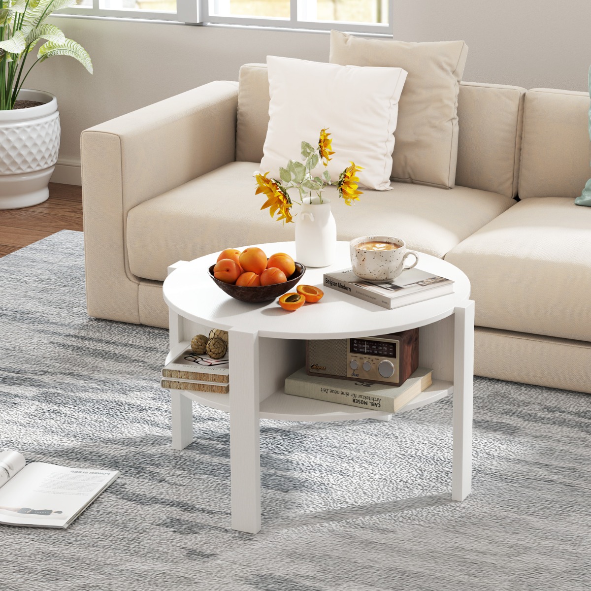 Rund Couchtisch mit Stauraum Holz Wohnzimmertisch mit 4 Regalen Kaffeetisch Weiß