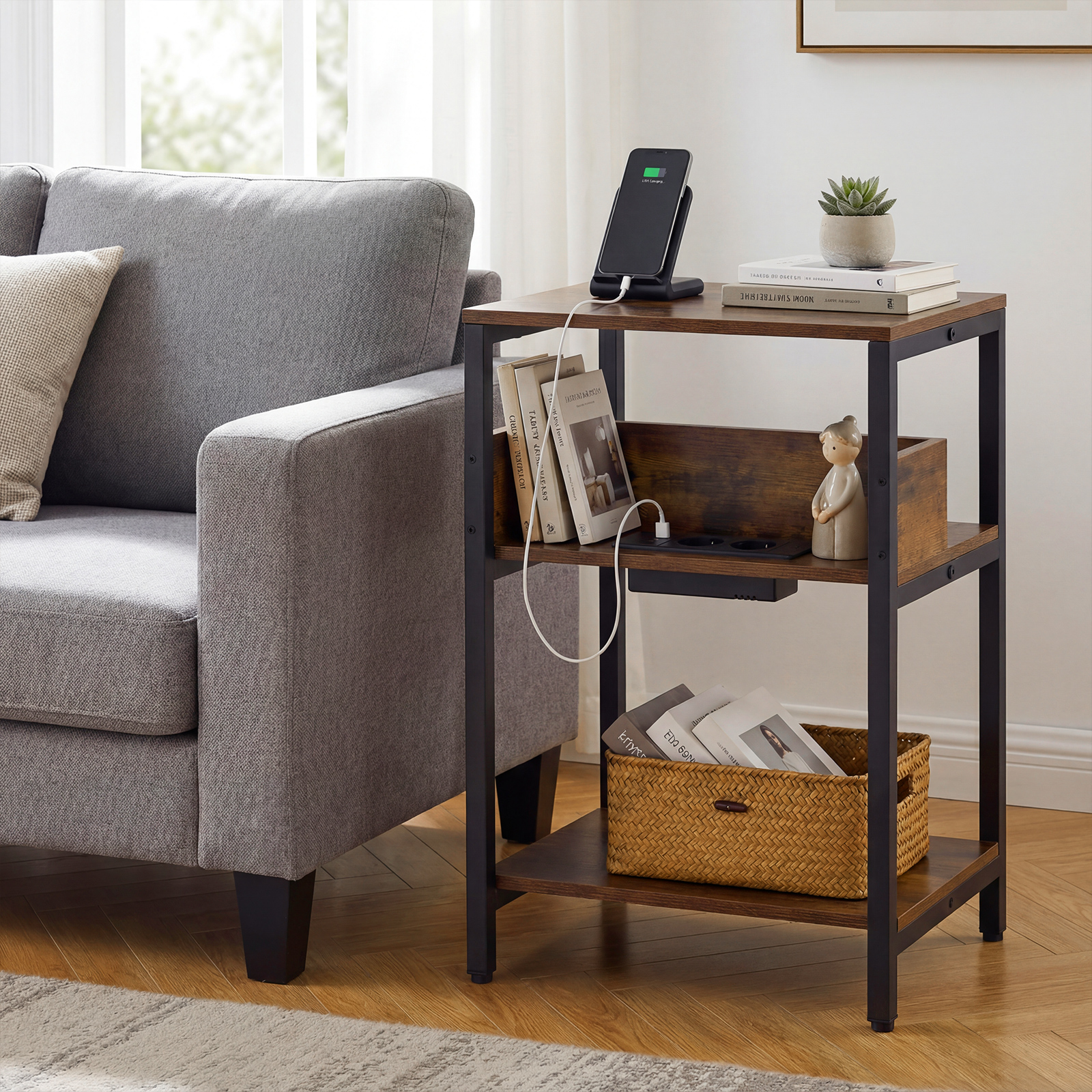 2er Set Beistelltisch mit Ladestation 3-stufiger Endtisch mit Aufbewahrungsregalen Nachttisch Rustikal Braun