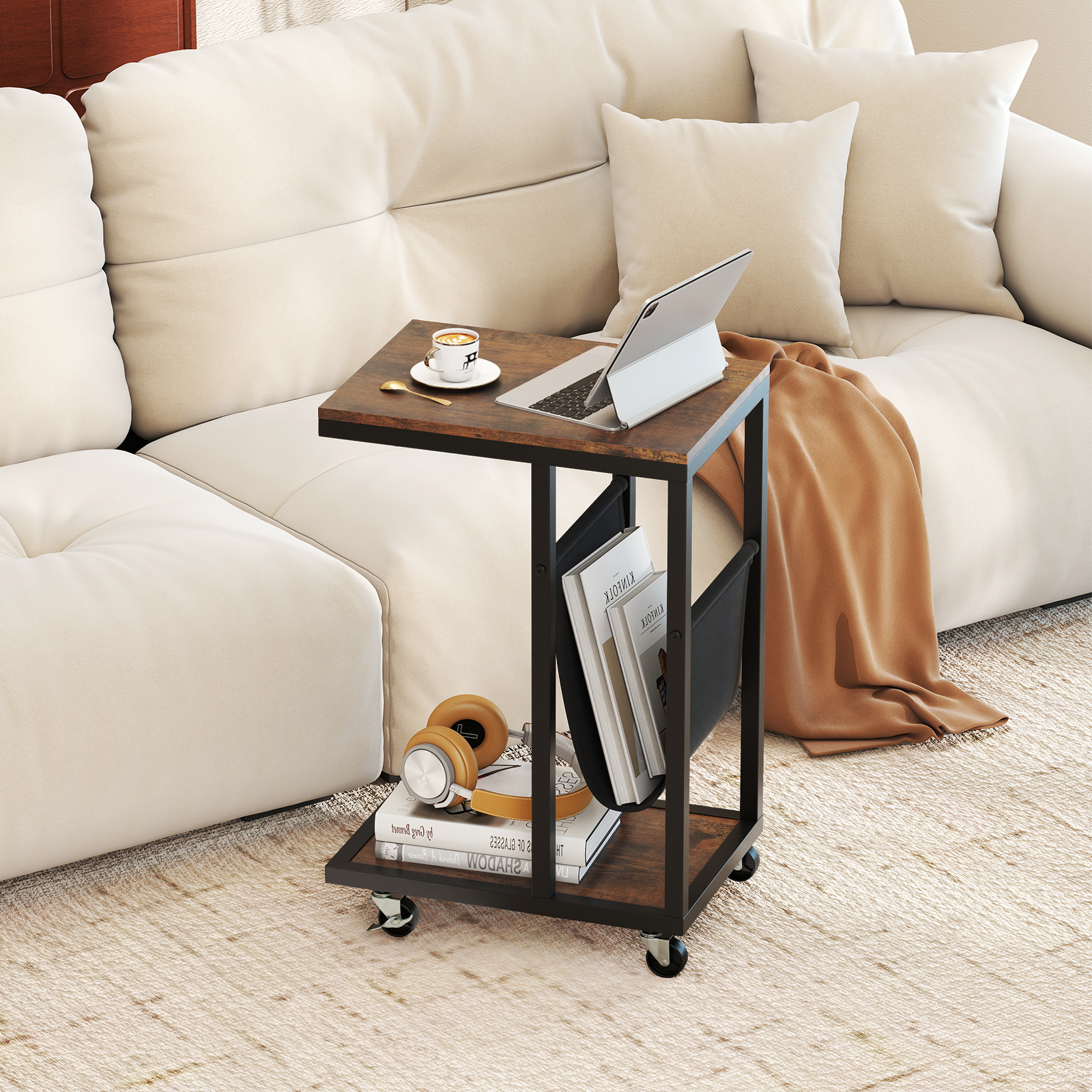 Beistelltisch mit Rollen C-Form Sofatisch Kaffeetisch Wohnzimmertisch mit Metallgestell