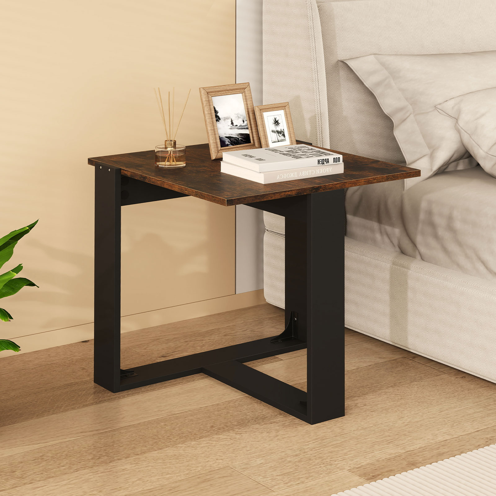 Beistelltisch quadratischer Tisch mit T-förmigem Metallfuß industrieller Nachttisch für kleine Räume Sofatisch für Wohnzimmer Braun