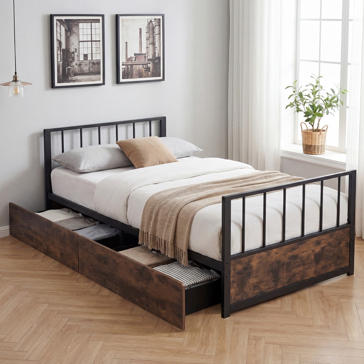 90 x 200 cm Bettgestell mit 2 Schubladen & Kopfteil & Fußteil Einzelbett mit Lattenrost Metallbett