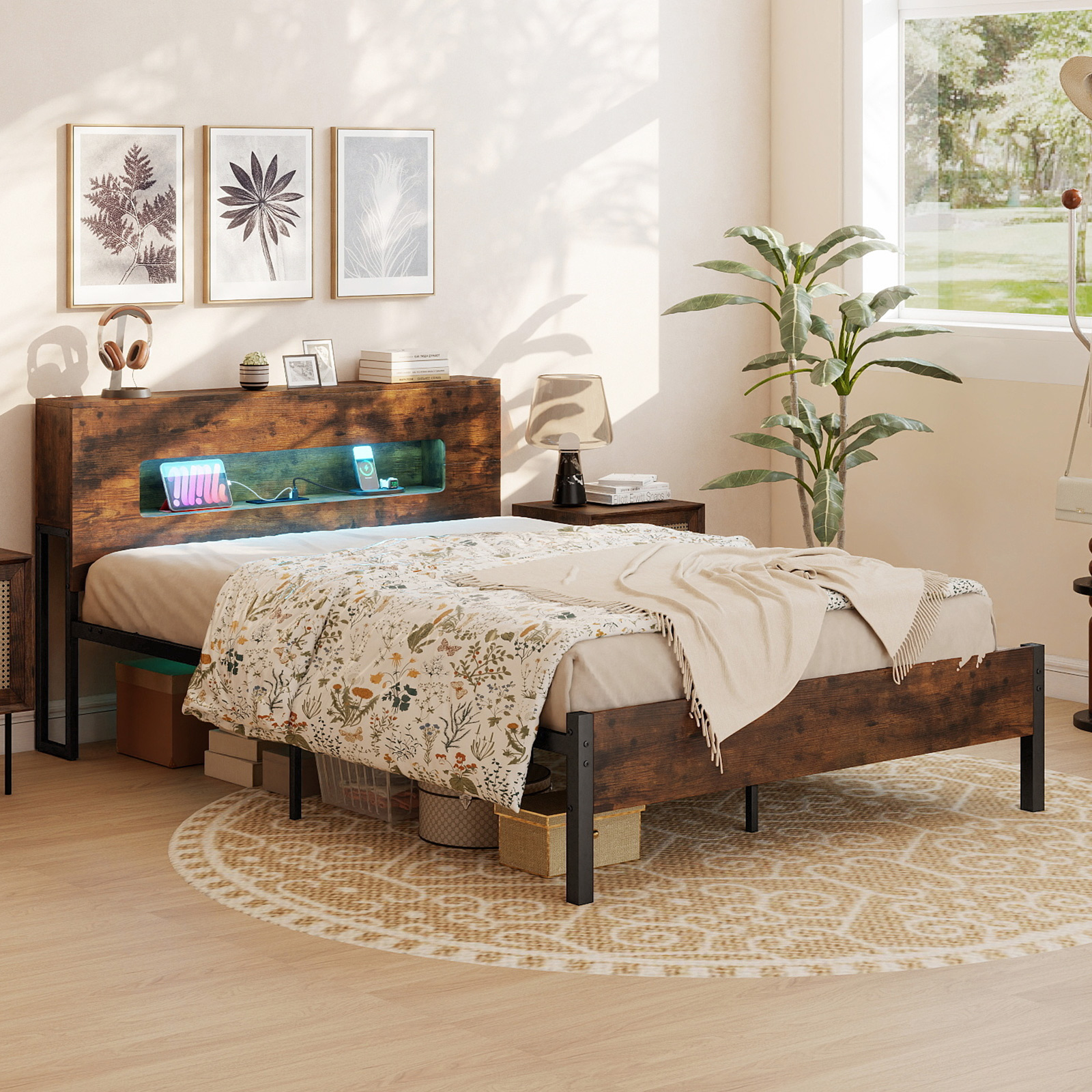 Bettgestell mit LED-Lichtern Industrielles Plattformbett mit Stauraum-Kopfteil 200 x 140 cm Rustikales Braun