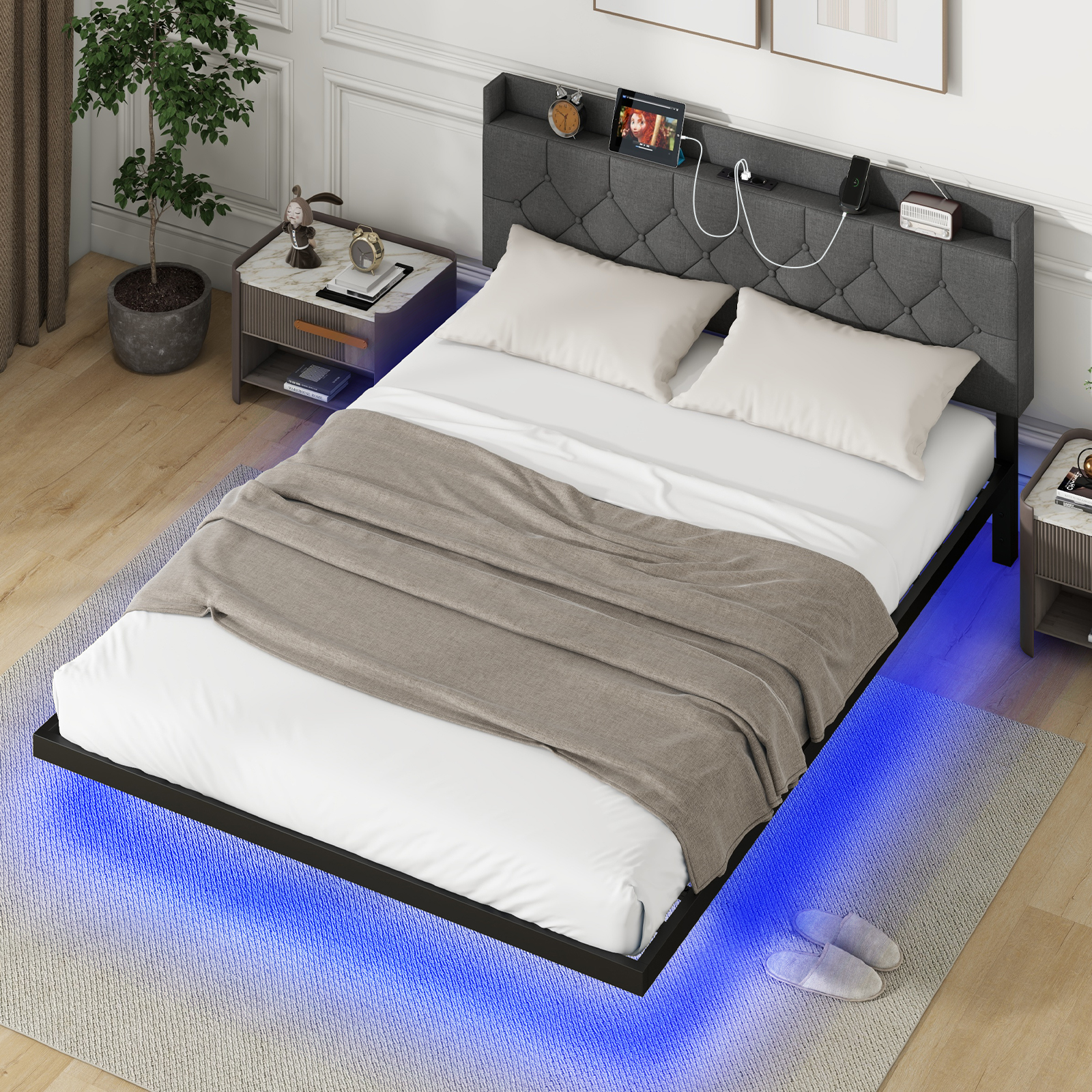 Bett mit LED Beleuchtung & Ladestation 160 x 200 cm Polsterbett mit verstellbarem gepolstertem Kopfteil Grau