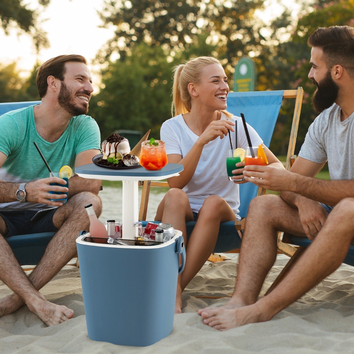 3 in 1 15 L Tragbarer Cool Bar mit Anhebbarer Tischplatte & Flaschenöffner Beistelltisch Kühlbox inkl. Eiszange Blau