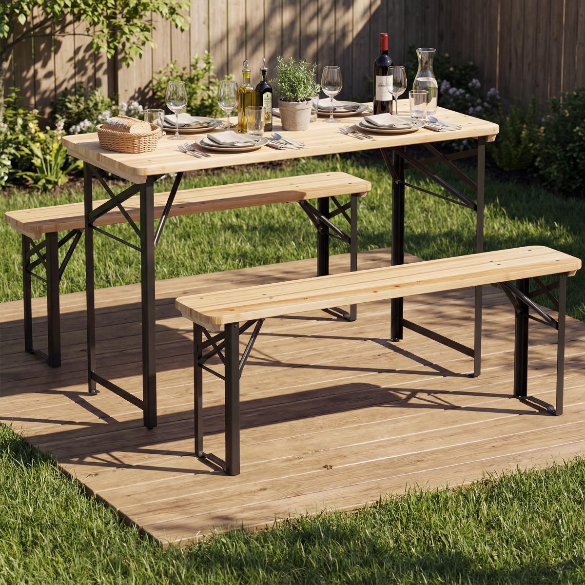Holz Klappbare Bierzeltgarnitur inkl. 2 Bierbänke & 1 Biertisch 3-teilige Biertischgarnitur 118 cm