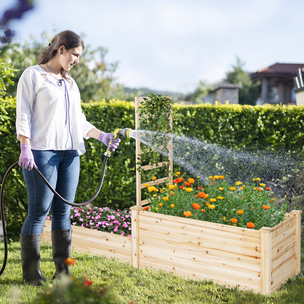 Hochbeet aus Tannenholz mit Rankgitter Blumenkasten mit Spalier Gartenspalier mit Rankkasten