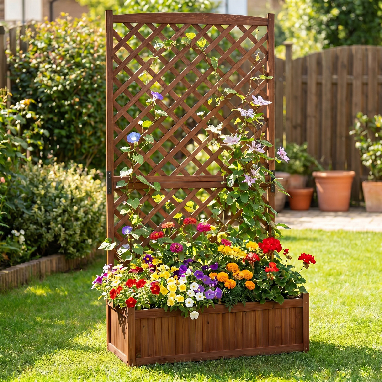 Blumenkasten Hochbeet aus Tannenholz Pflanzkasten mit Rankgitter für Kletterpflanzen