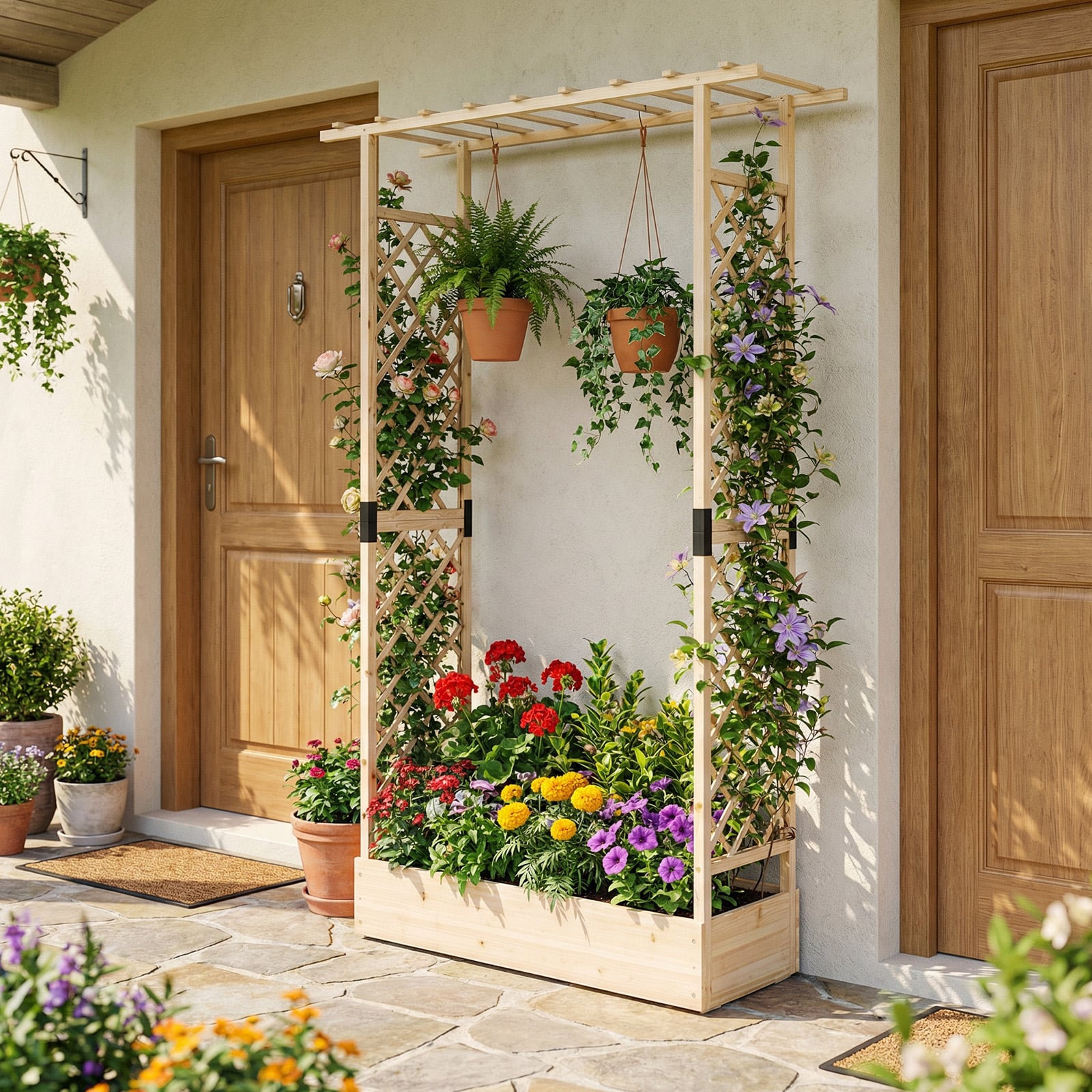 Blumenkasten mit Rankgitter Pflanzkasten mit Rankhilfe & Hängendem Dach Sichtschutz Natur