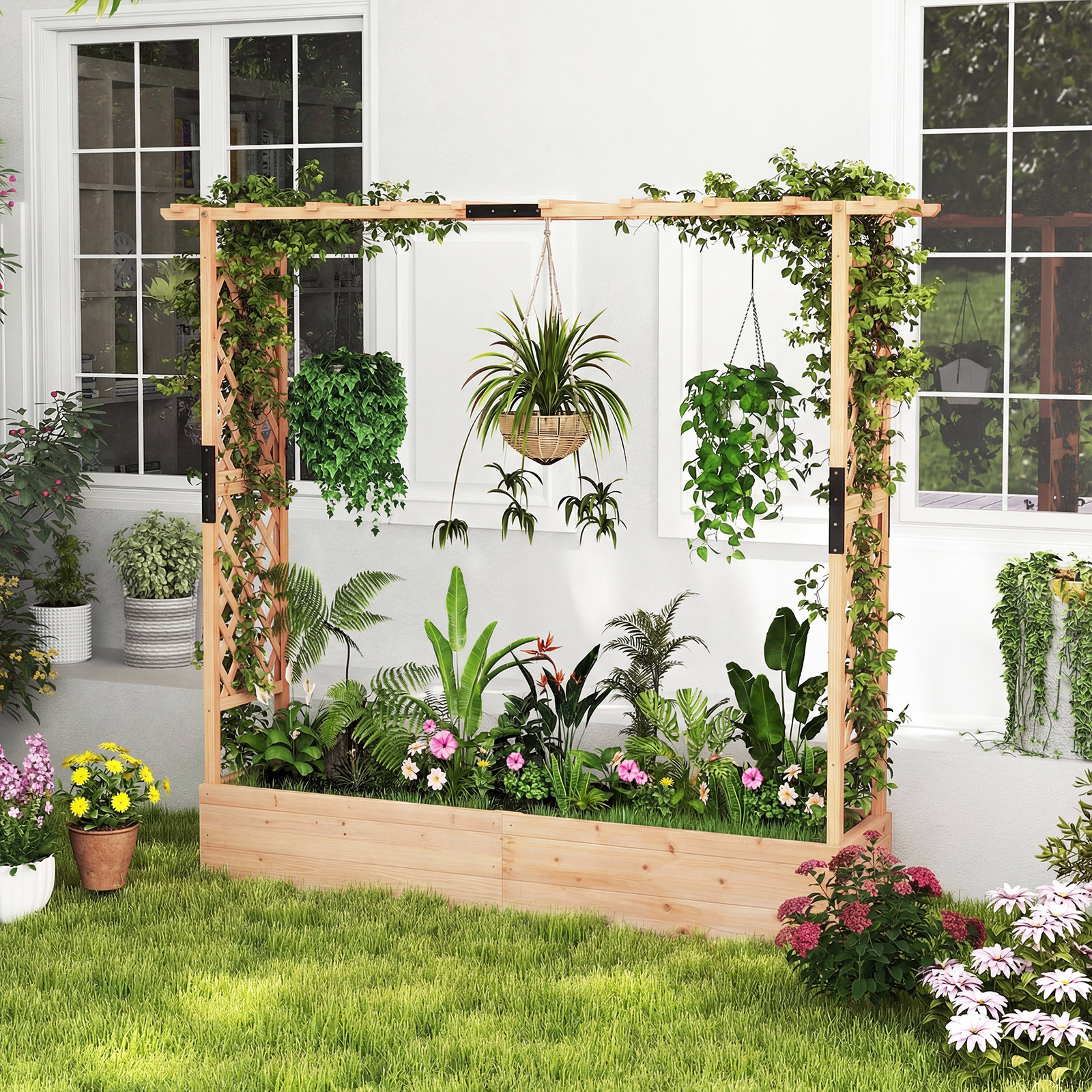 Blumenkasten mit Rankgitter & Hängendem Dach Pflanzkasten Hochbeet Pflanzkübel Natur