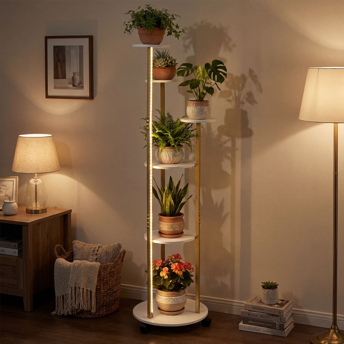 6-stufiges Pflanzenständer mit LED-Beleuchtung & Rollen Blumenständer Pflanzenregal Weiß + Gold