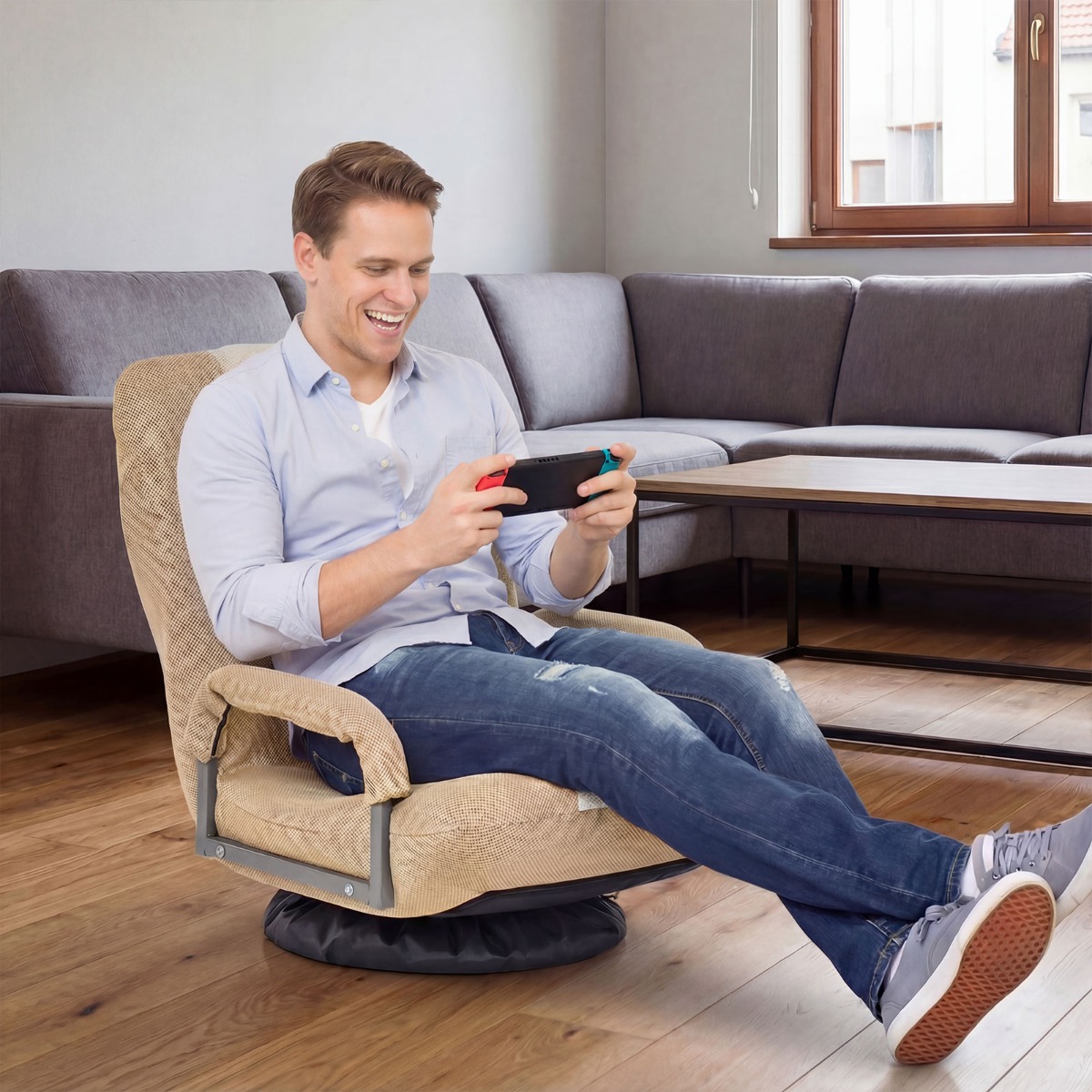 360° Drehbarer Bodenstuhl mit 6-Fach Verstellbarer Rückenlehne Bodensessel Beige