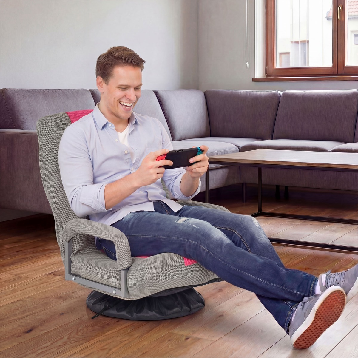 360° Drehbarer Bodenstuhl mit 6-Fach Verstellbarer Rückenlehne Armlehne Bodensessel Rosa